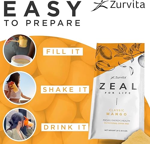 Miniatura 6 de Zurvita - Mezcla de bebida Zeal for Life Wellness - Sabor clásico de mango - Sin gluten, vegana, con biotina, vitaminas y minerales para la salud -