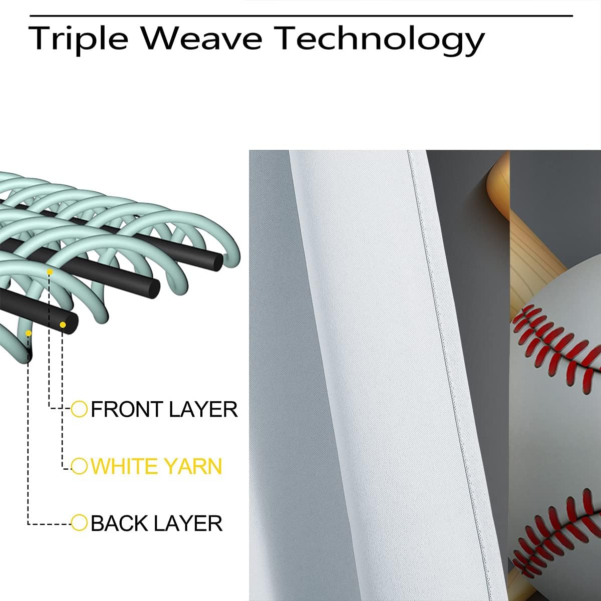 Baseball Blackout Curtains for Girls Boy Home Decor, Sports 3D American Game Gym Ball Rod Pocket Thermal Insulated Drapes Darkening Window Curtain for Bedroom Living Room, 42 x 63 Inch