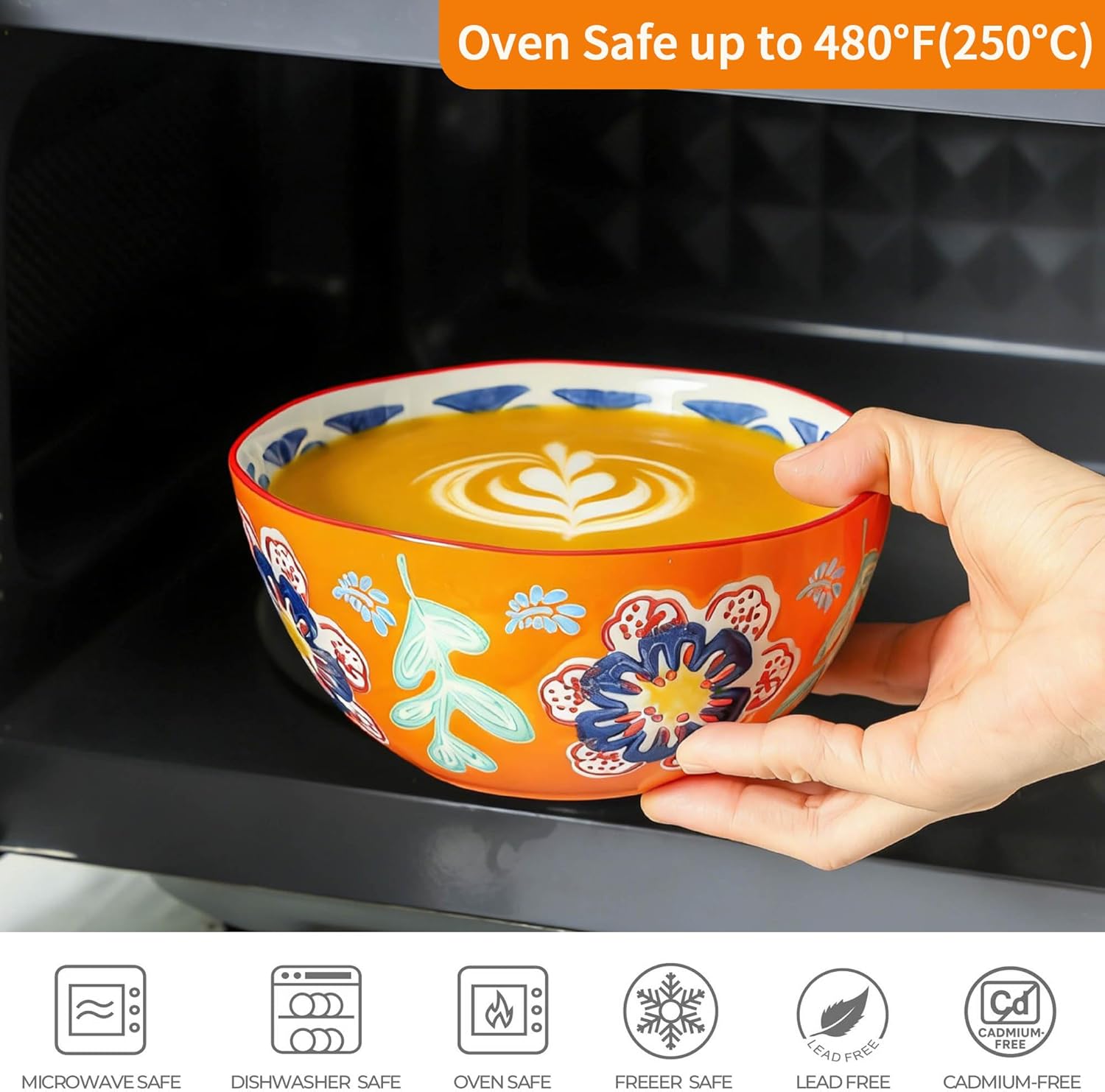 UniqueLife Hand-Painted 6" Cereal Bowls Set of 4, 17/24 Oz Ceramic Soup Bowls, Assorted Designs, Microwave Dishwasher Oven Safe, Organic Shape for Oatmeal, Salad, Rice & Ramen – Warm Orange