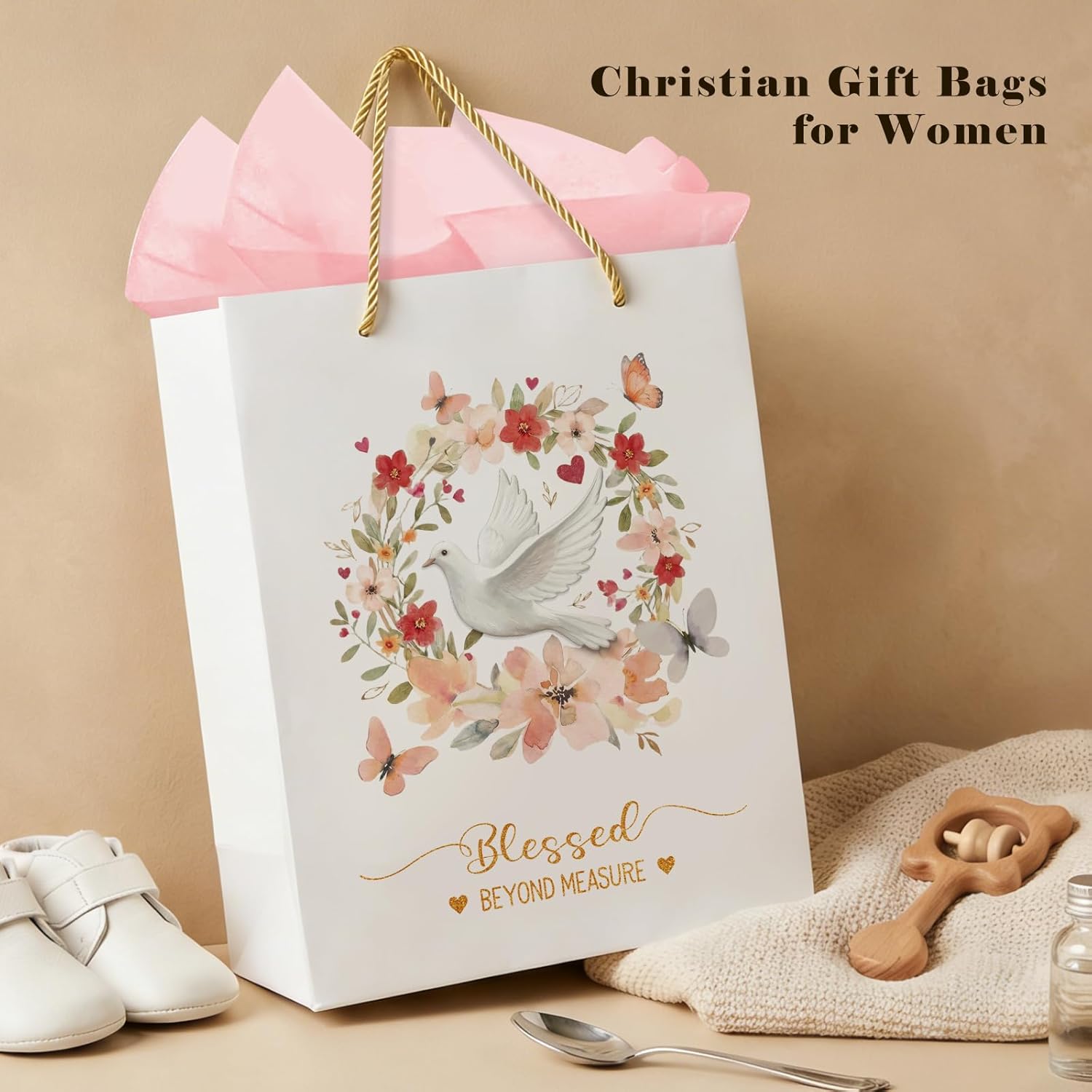 FLYAB White Dove Gift Bags Medium Size Christian Gift Bags with Pink Tissue Paper Blessed Beyond Measure Gifts Bags for First Communion Baby Shower Birthday Christening Religious Gifts 9''x5''x11.4'' - Image 4