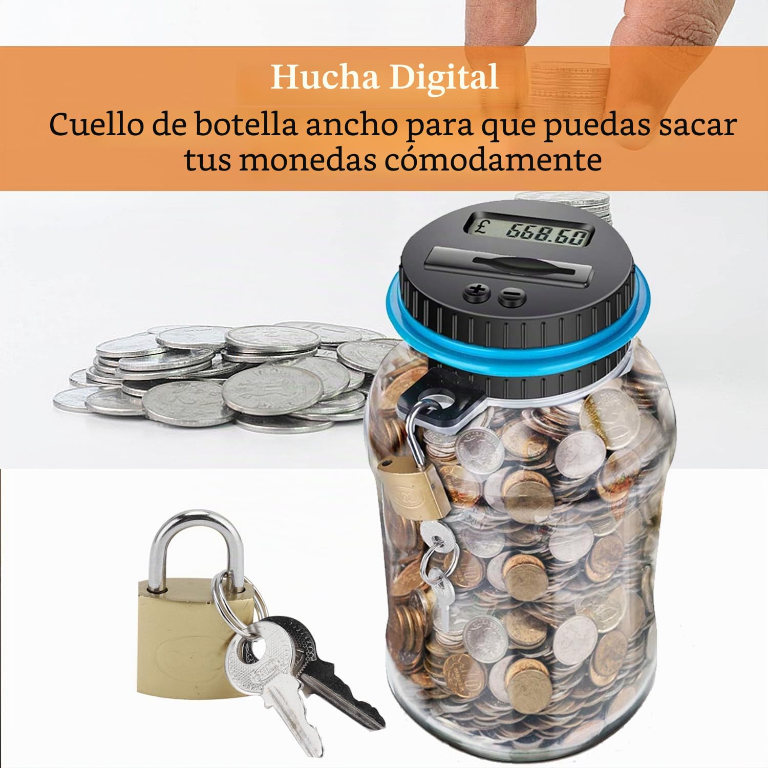 Hucha Digital con Contador, 1,8 L Banco de Monedas, Hucha Electrónica de para Euros, Bote Automática para Contar Monedas y Ahorrar Dinero con Cerradura, Caja de Moneda con Pantalla LCD de Alcancía