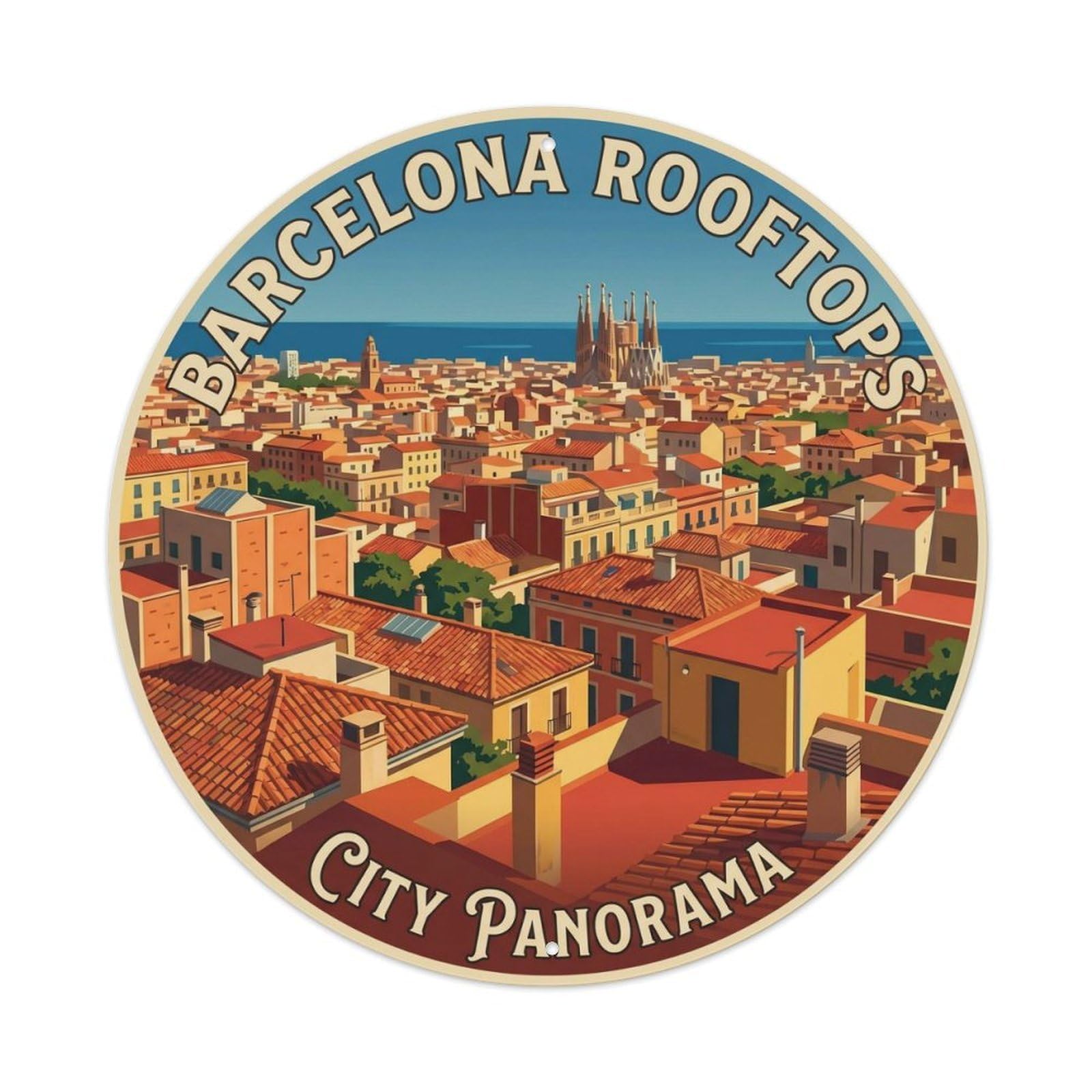Spanish Barcelona Rooftops Panorama Classic Travel Landmark Metal Tin Sign Plaque Wall Decor for Cafe, Man Cave, Club Bar, Office, Home Garden Round Metal Poster 8x8Inch