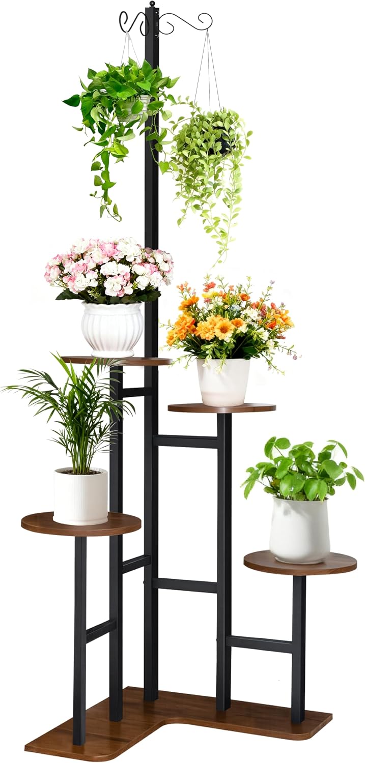 Corner Plant Stand Indoor with 2 Hanging Hooks, 59.45" Tall 5-Tier L-Shaped Flower Shelf for Multiple Plants, Plant Shelves Organizer Rack for Living Room, Bedroom & Balcony