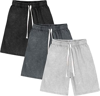 Flygo Mens 3 Pack Athletic Sweat Shorts Acid Washed Cotton Elastic Waist Drawstring Gym Workout Jogger Pants with Pockets