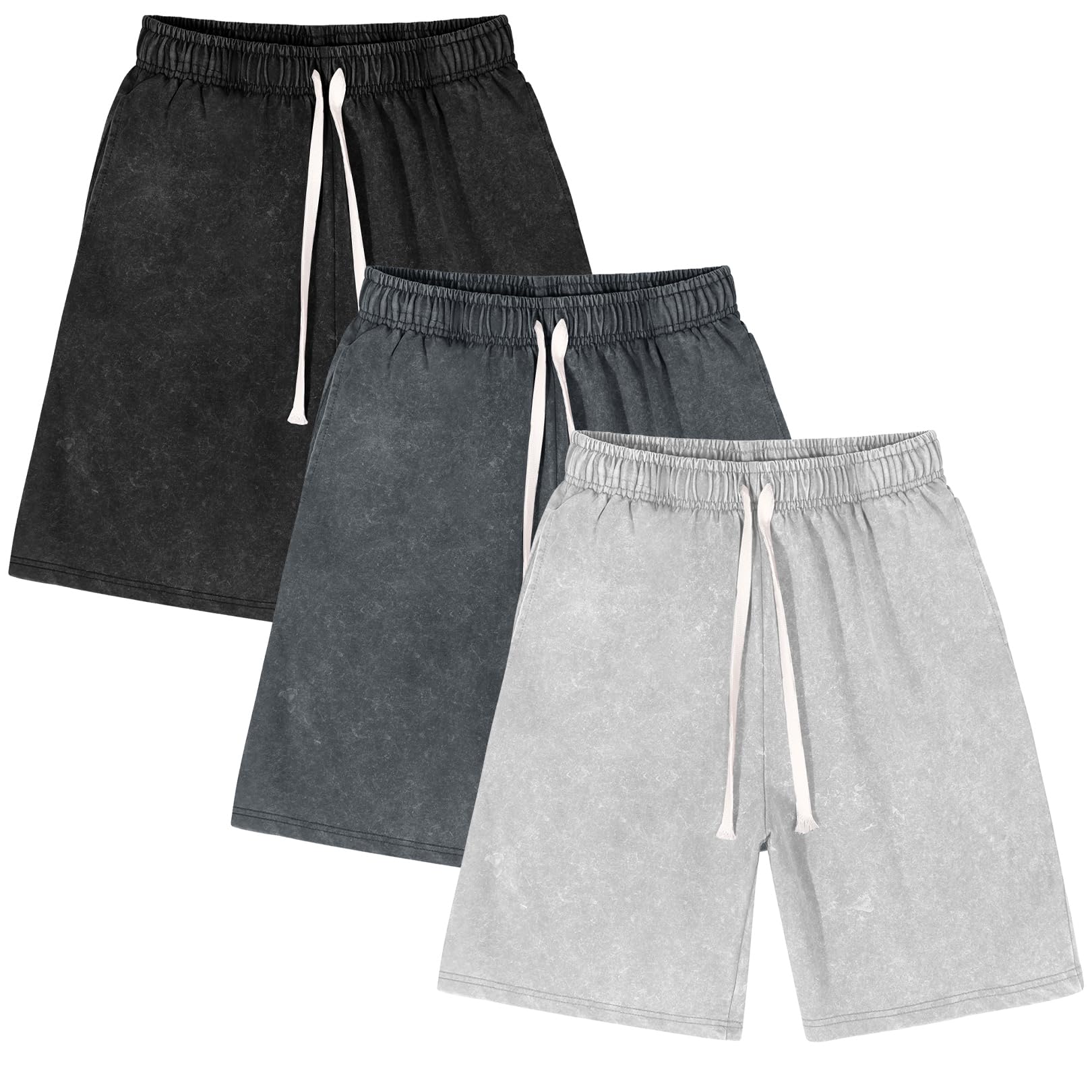 Flygo Men's 3 Pack Athletic Sweat Shorts Acid Washed Pants with Pockets