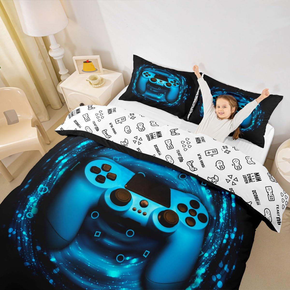 Parure De Lit Enfants Garçons Manettes De Jeu - Drap Housse Et Taie Gaming Vidéo Rouge Bleu