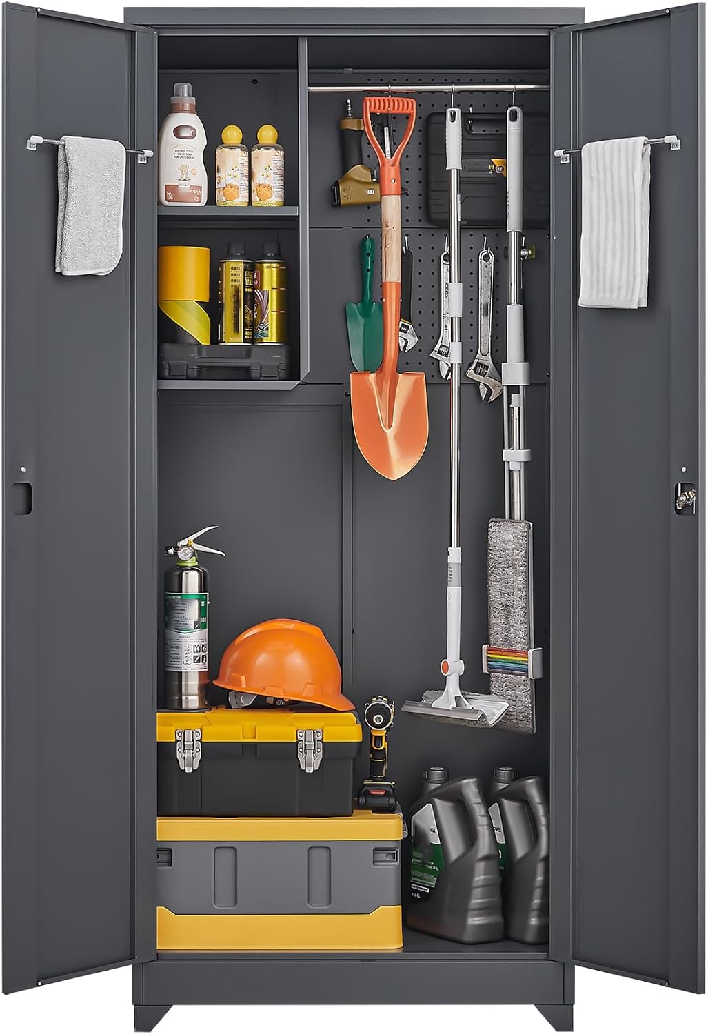 GREATMEET 72.8″ Outdoor Broom Storage Cabinet, Waterproof Outdoor Narrow Storage Shed, Metal Storage Cabinets for Cleaning Supplies with Slanted Roof, Utility Closet, Broom Mop Storage Cabinet, Grey