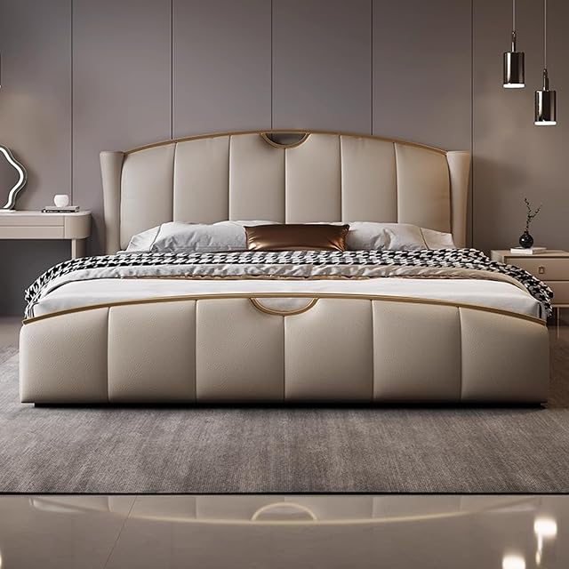King Size Genuine Leather Bed Upholstered Platform Bed Frame with Headboard and Lift Up Storage Wooden Slats Support