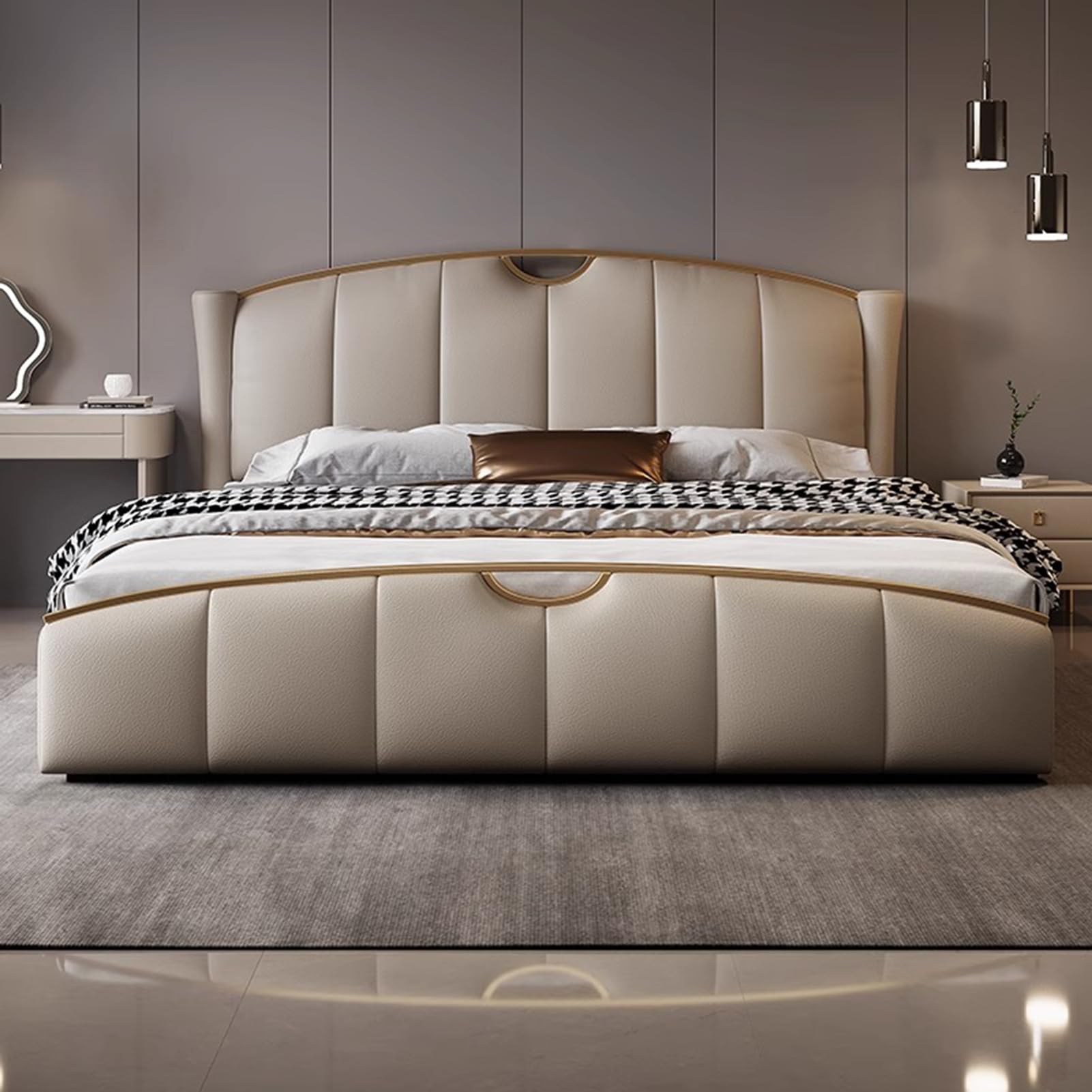King Size Genuine Leather Bed Upholstered Platform Bed Frame with Headboard and Lift Up Storage Wooden Slats Support