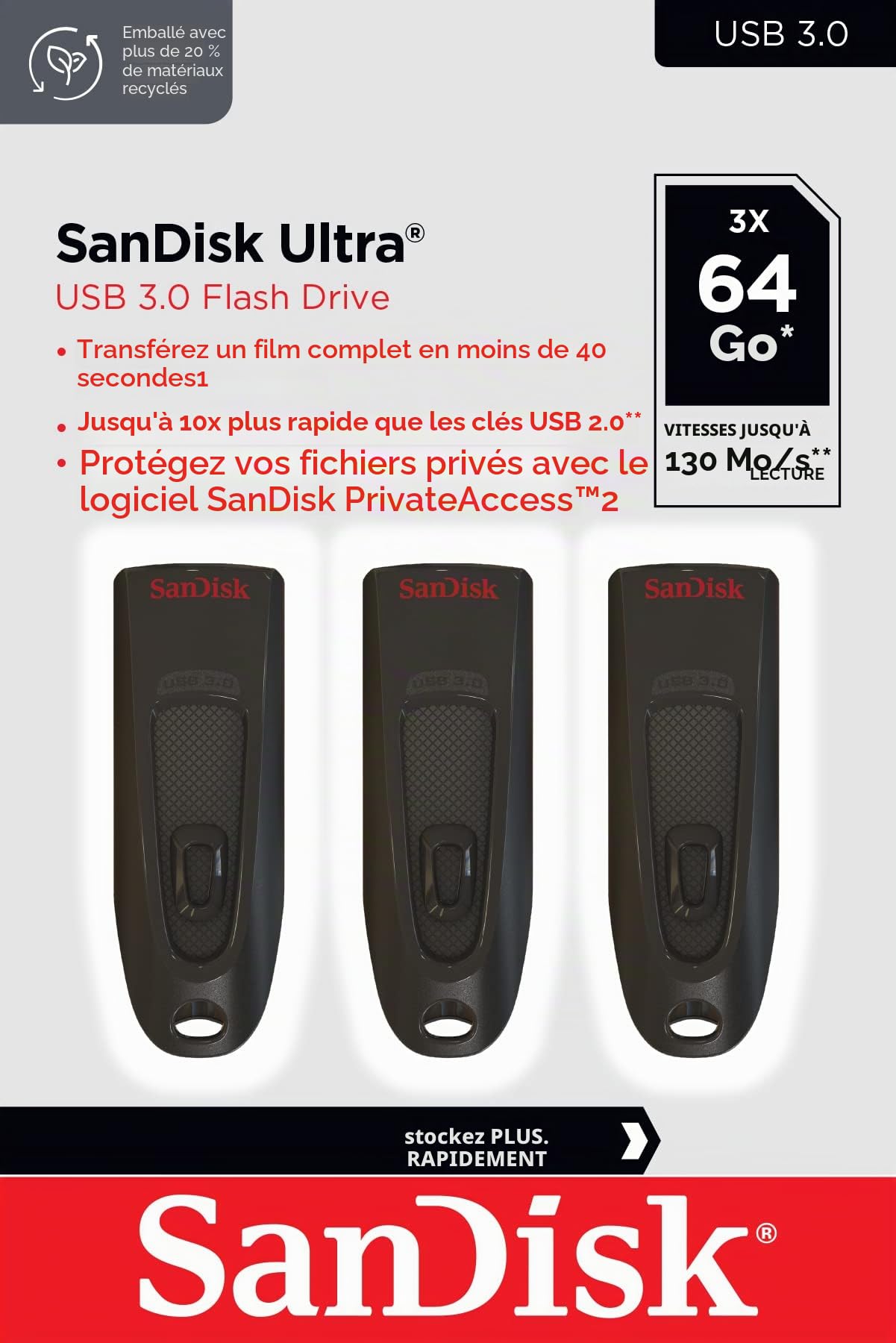 SanDisk 64 Go Ultra Clé USB 3.0 , jusqu'à 130 Mo/s, paquet de trois, Noir