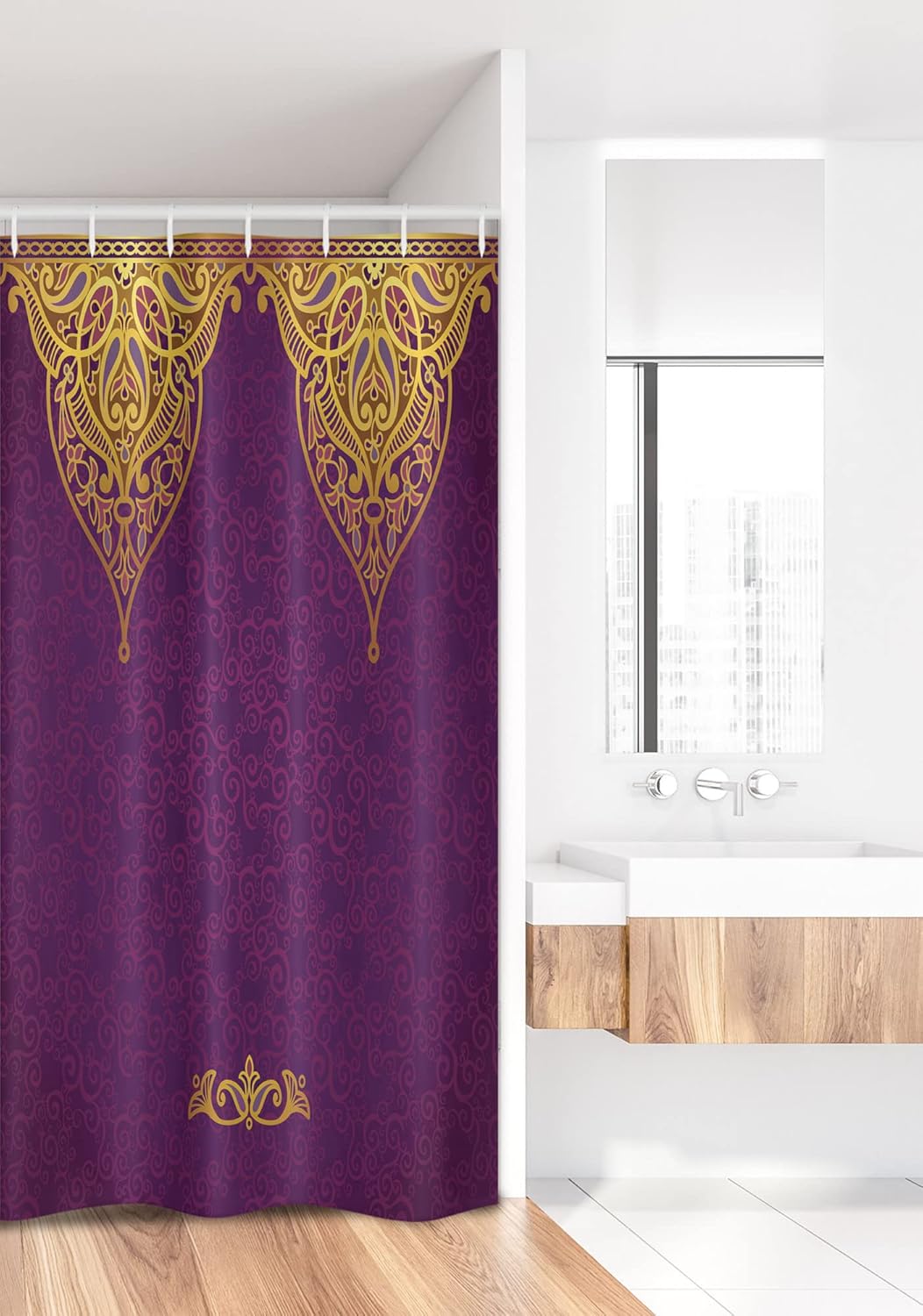 Ambesonne Purple Stall Shower Curtain, East Oriental Royal Palace Patterns with Bohemian Style Art Traditional Wedding, Fabric Bathroom Decor Set with Hooks, 36" W x 72" L, Purple Yellow