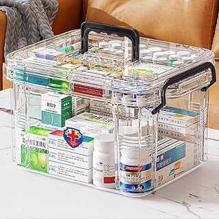 Medikamenten Aufbewahrung mit Deckel,Medizinbox Hausapotheke box mit Griff und herausnehmbarem Fach,Doppellagig Multifunción Aufbewahrungsbehälter Kapazität für Gadgets(Transparente-S)
