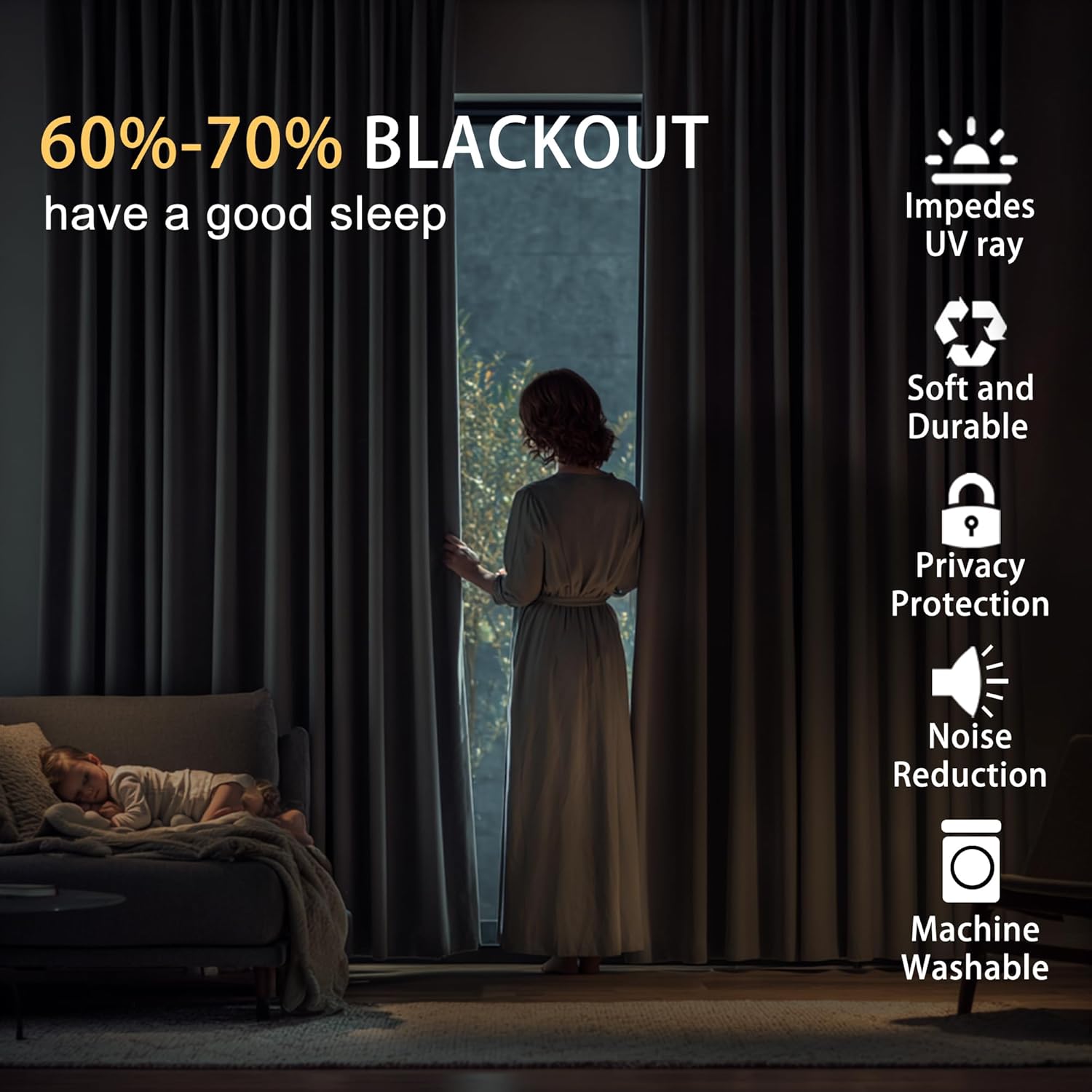 JIUZHEN Ivory Blackout Curtains with Tiebacks - Thermal Insulated, Light Blocking and Noise Reducing Grommet Curtains for Bedroom and Living Room, Set of 2 Window Curtain Panels, 52 x 84 Inch Length