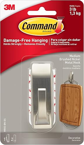 Gancho de metal para baño Command Modern Reflections, pequeño, níquel satinado, 1 gancho con cinta resistente al agua (MR01-SN-BES)., MR02-BN