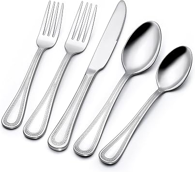 40 Piece Silverware Set for 8, Terlulu Stainless Steel Flatware Set, Mirror Polished Cutlery Set Utensil Set, Tableware Include Forks Spoons Knives for Home Restaurant, Beaded Handle, Dishwasher Safe