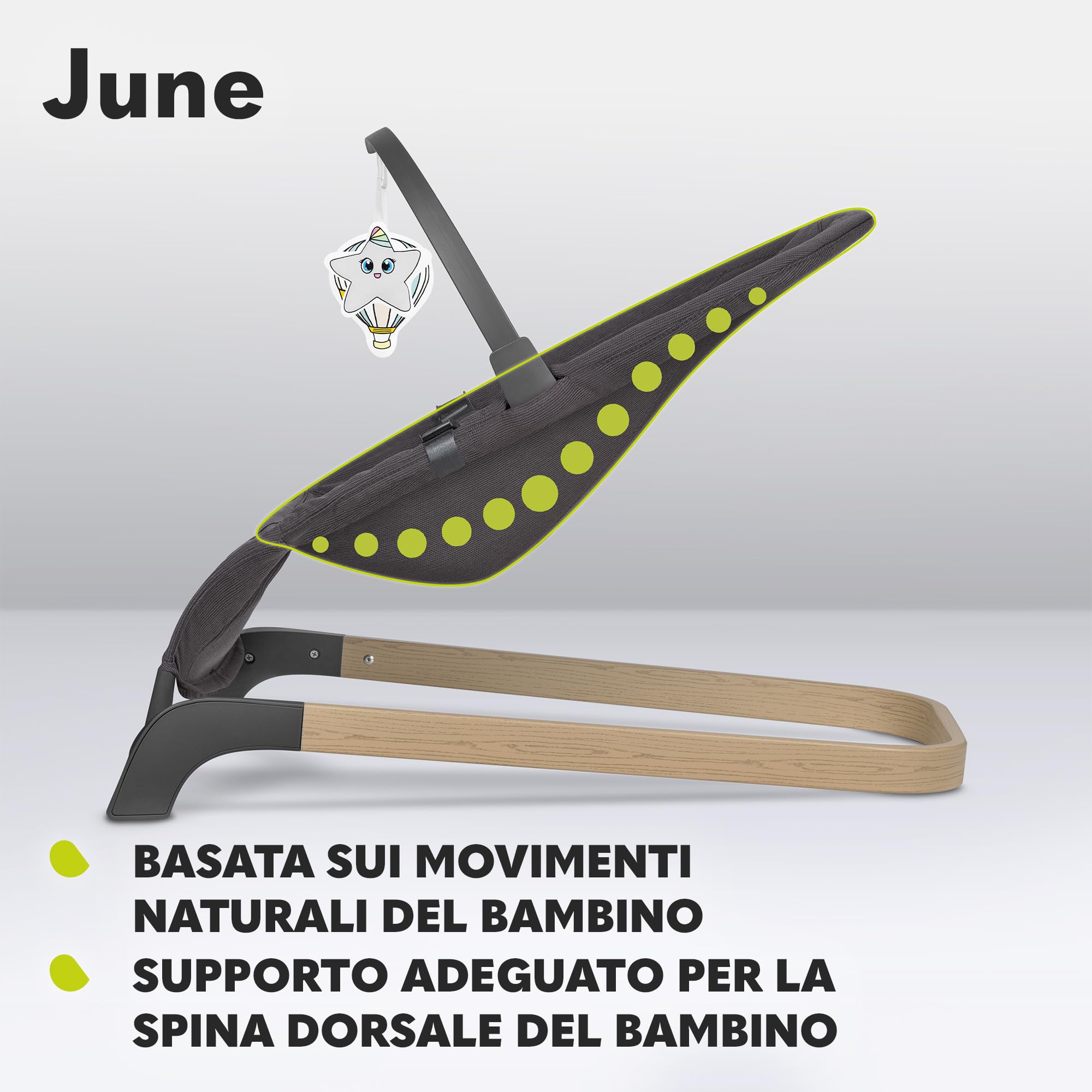 LIONELO June Sdraietta Dondolo Pieghevole dalla Nascita a 9 kg | Design Ergonomico e Traspirante, Cinture di Sicurezza, Struttura Leggera e Stabile, Piedini Antiscivolo