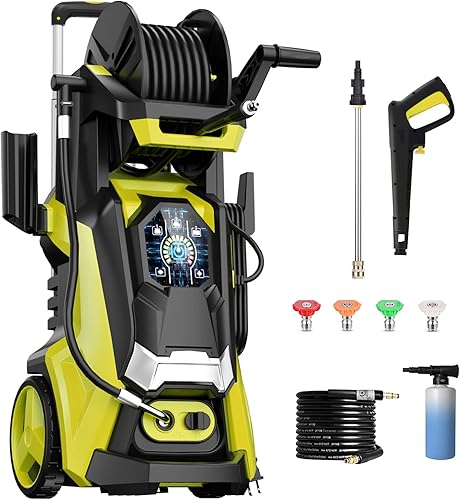 Lavadora eléctrica a presión de 4200 PSI +2.8 GPM, funciona con tres modos de pantalla táctil de presión ajustable, 4 boquillas y carrete de