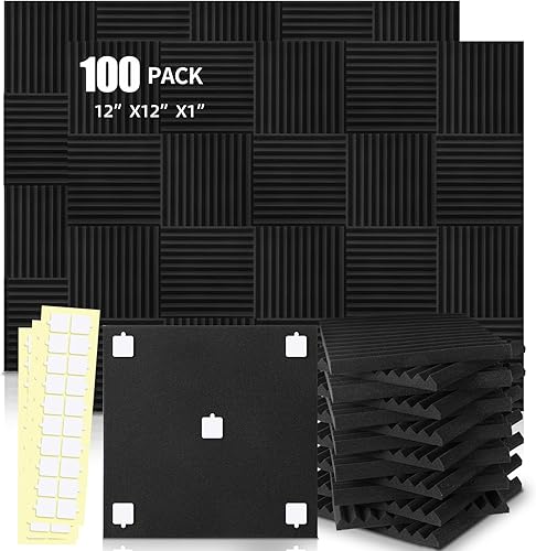 Paquete de 50 paneles acústicos (negro y rojo) de 1 x 12 x 12 pulgadas, cuñas de espuma acústica de estudio de espuma de alta densidad, cuñas