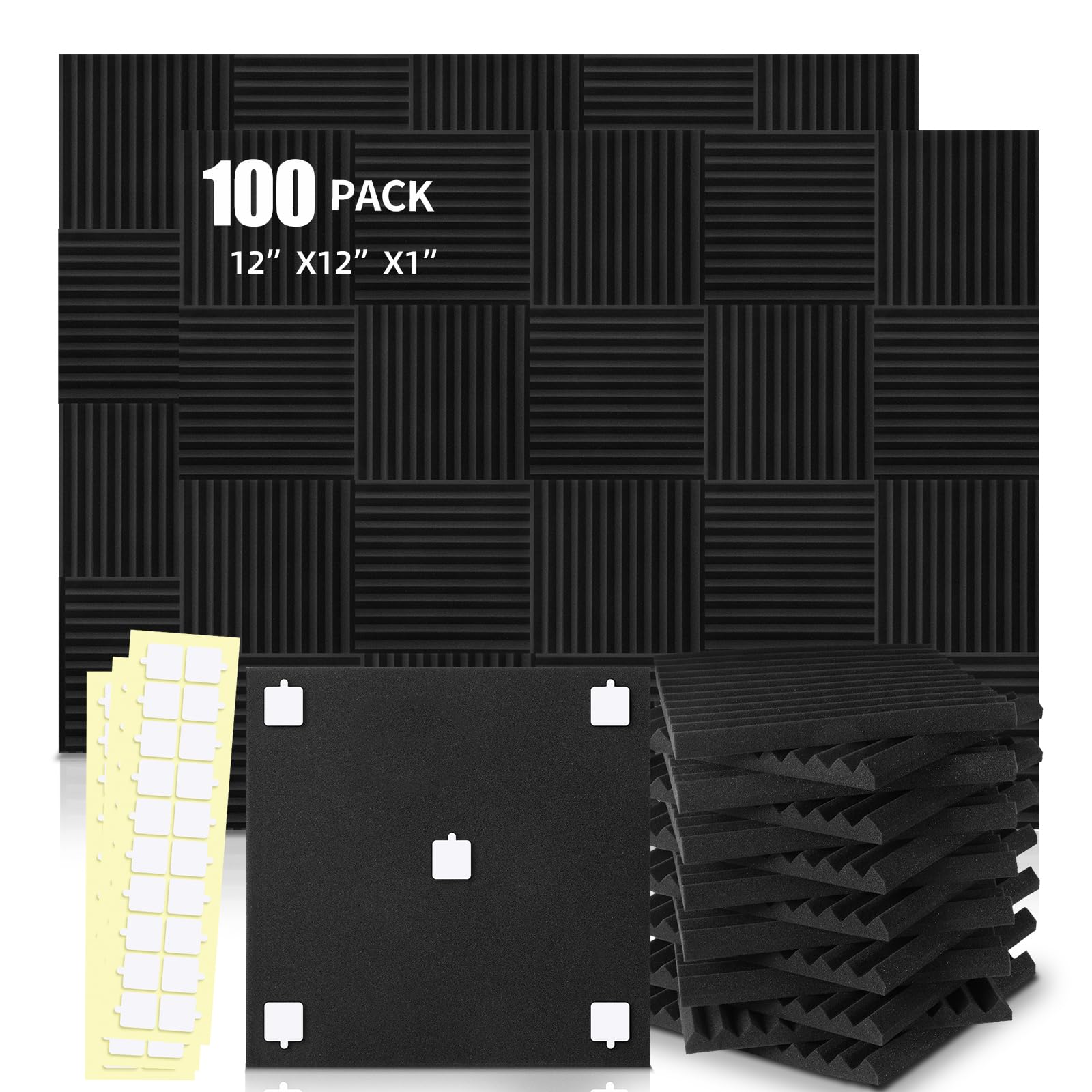 100 Pack Acoustic Panels 1 X 12 X 12 Inches - Studio Foam Wedges High Density Panel Soundproof Foam for Walls - Home Office