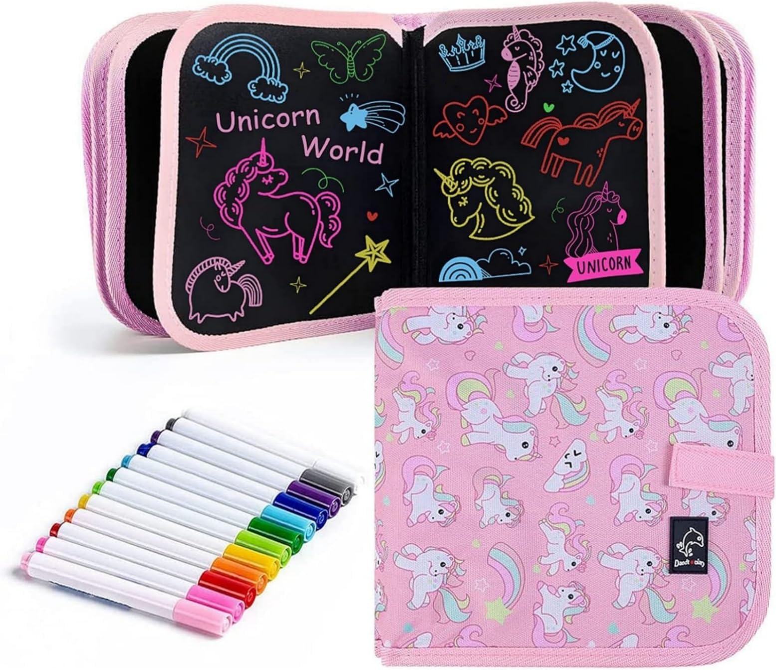 Mumoo Bear Erasable Doodle Board 14 Pages Painting Toys for 3-8 Year Old Boys Girls Drawing Pad for Toddlers Birthday Halloween Gifts, with 12 Coloring Pens (Pink Unicorn)