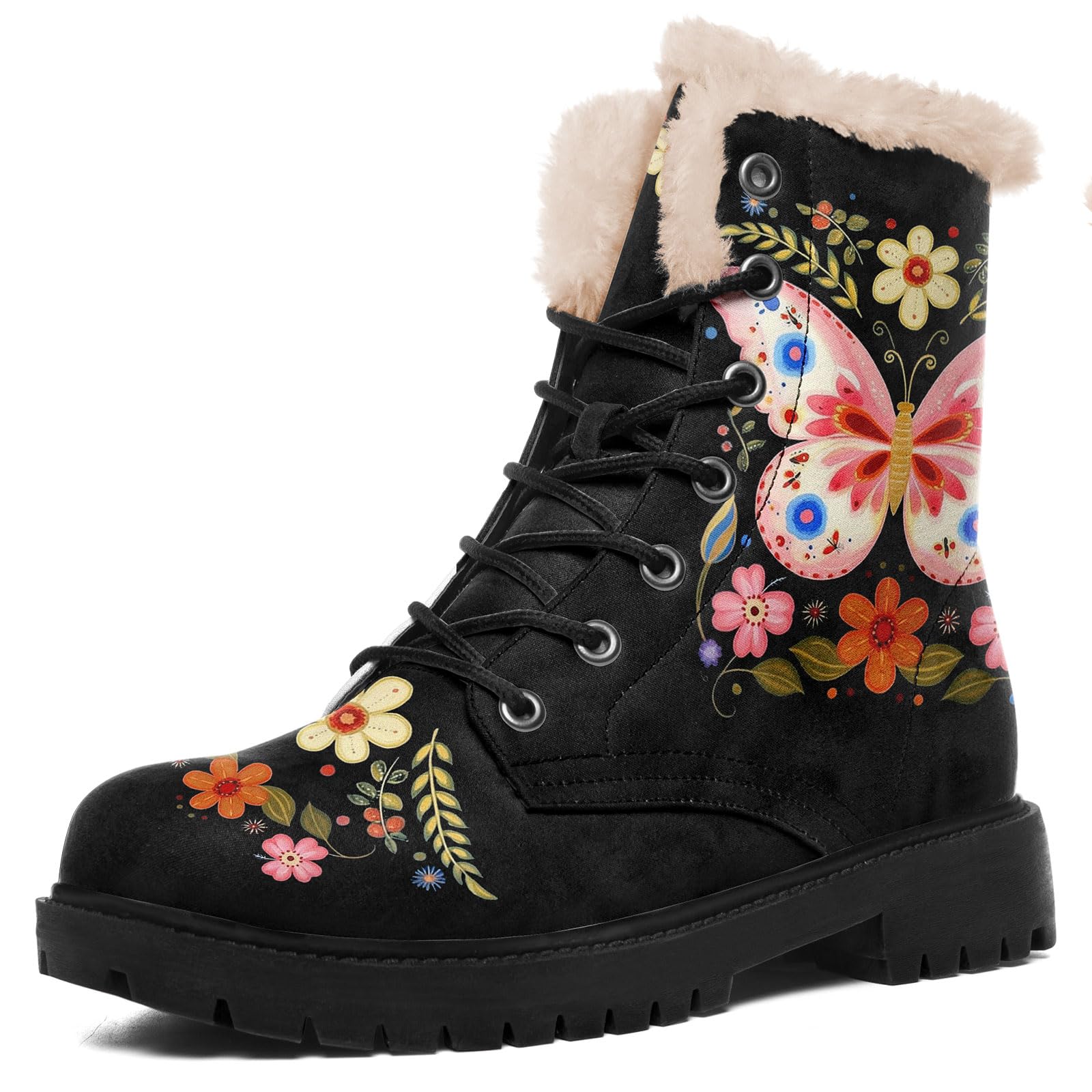 Boho Womens Winter Boots with Floral Butterfly Prints Slip-Resistant Warm Comfortable Cold Weather Snow Footwear