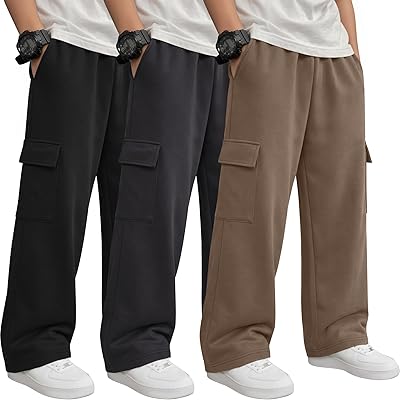 3 Pack Boys' Sweatpants Wide Leg Baggy Cargo Pants with 4 Pockets Kids Elastic Waist Straight Loose Joggers