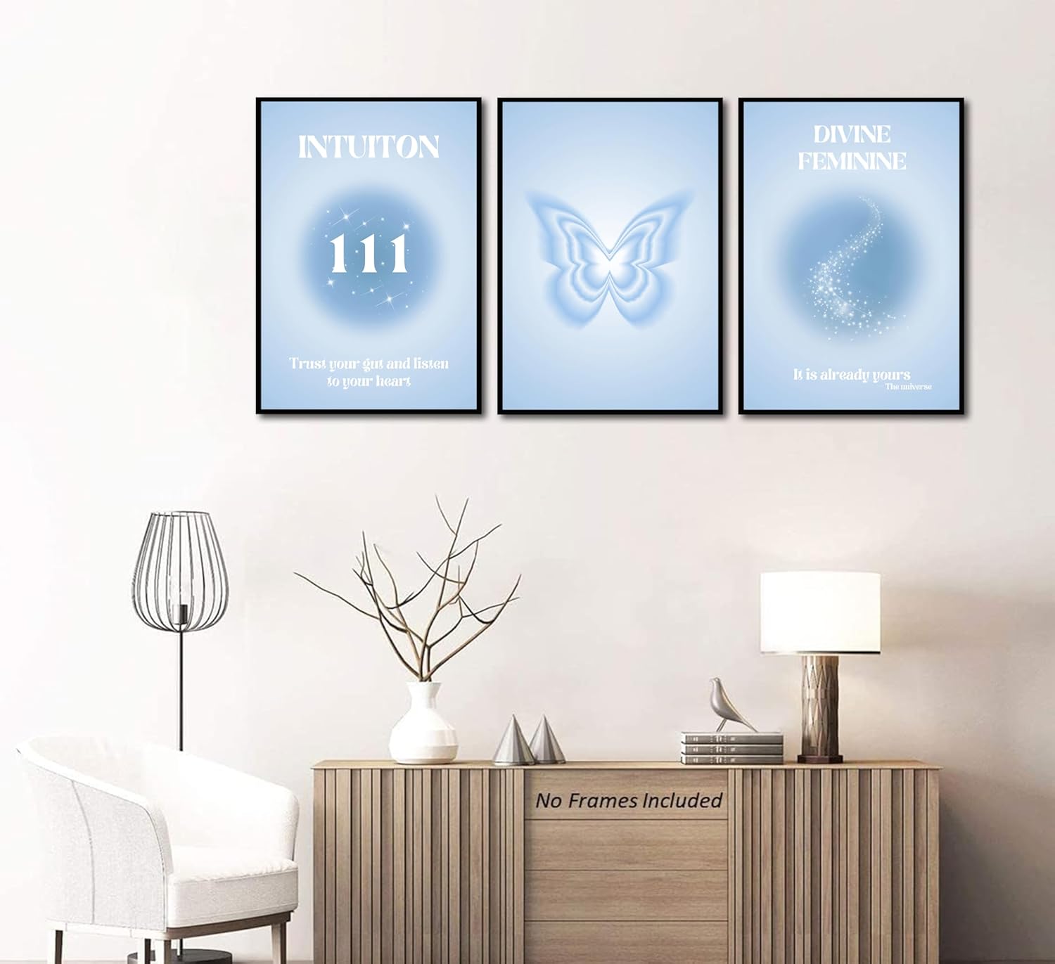 3 pcs Blue Gradient Aura Canvas Wall Art Trendy Angel Numbers Butterfly Spiritual Grainy Gradient Wall Decor Pictures Preppy Aesthetic Posters Prints for Girls' Room Bedroom Dorm Decoration