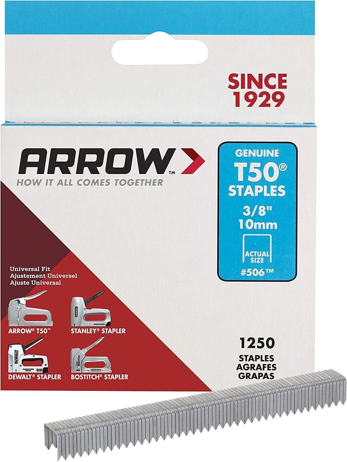 Arrow 506 Heavy Duty T50 3/8-Inch Leg Length, 3/8-Inch Crown, Staples for Upholstery, Construction, Furniture, Crafts, 1250-Pack