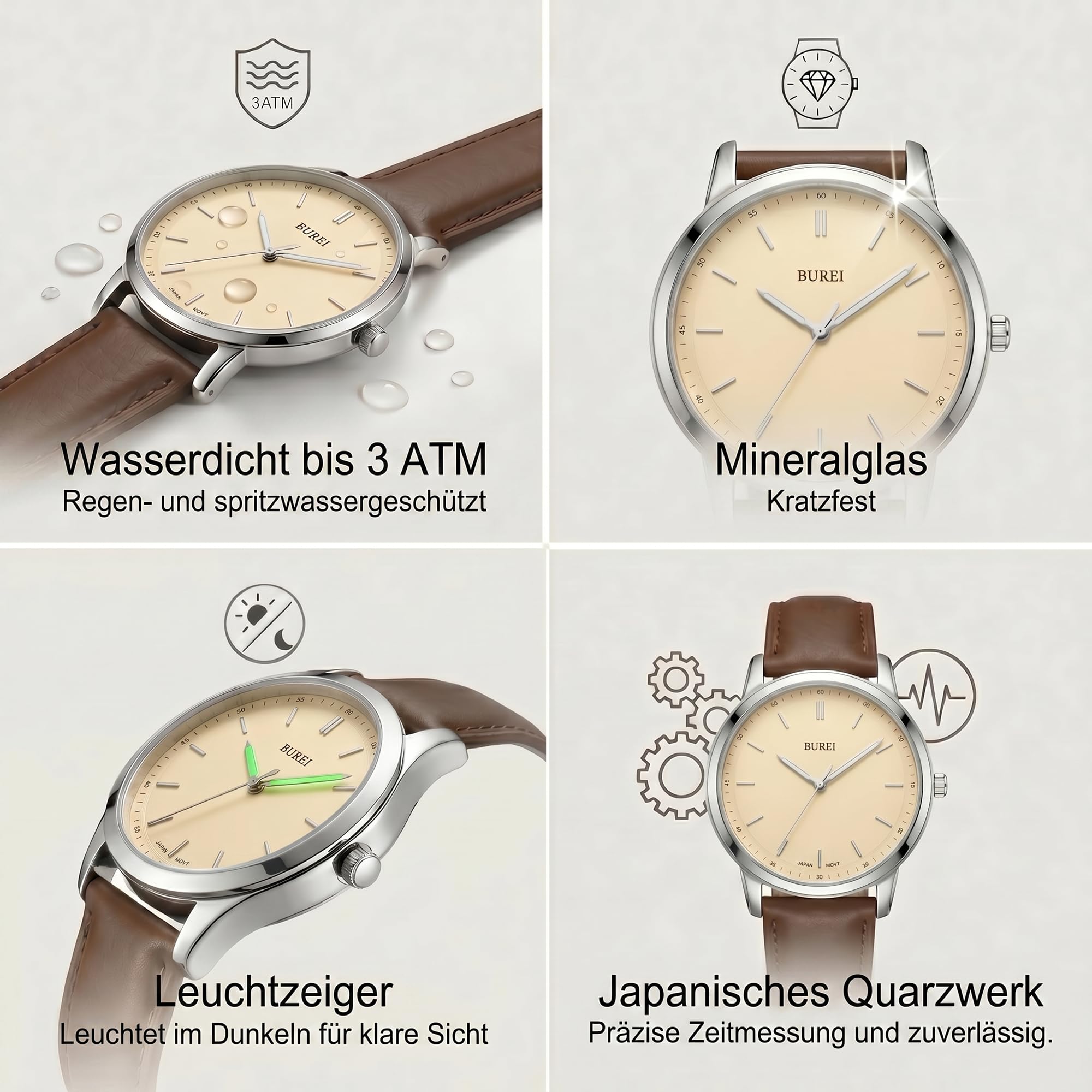 BUREI Relojes de hombre de moda minimalistas relojes de pulsera para hombre de cuero marrón reloj analógico con caja delgada Relojes para hombre (blanco crema y marrón)