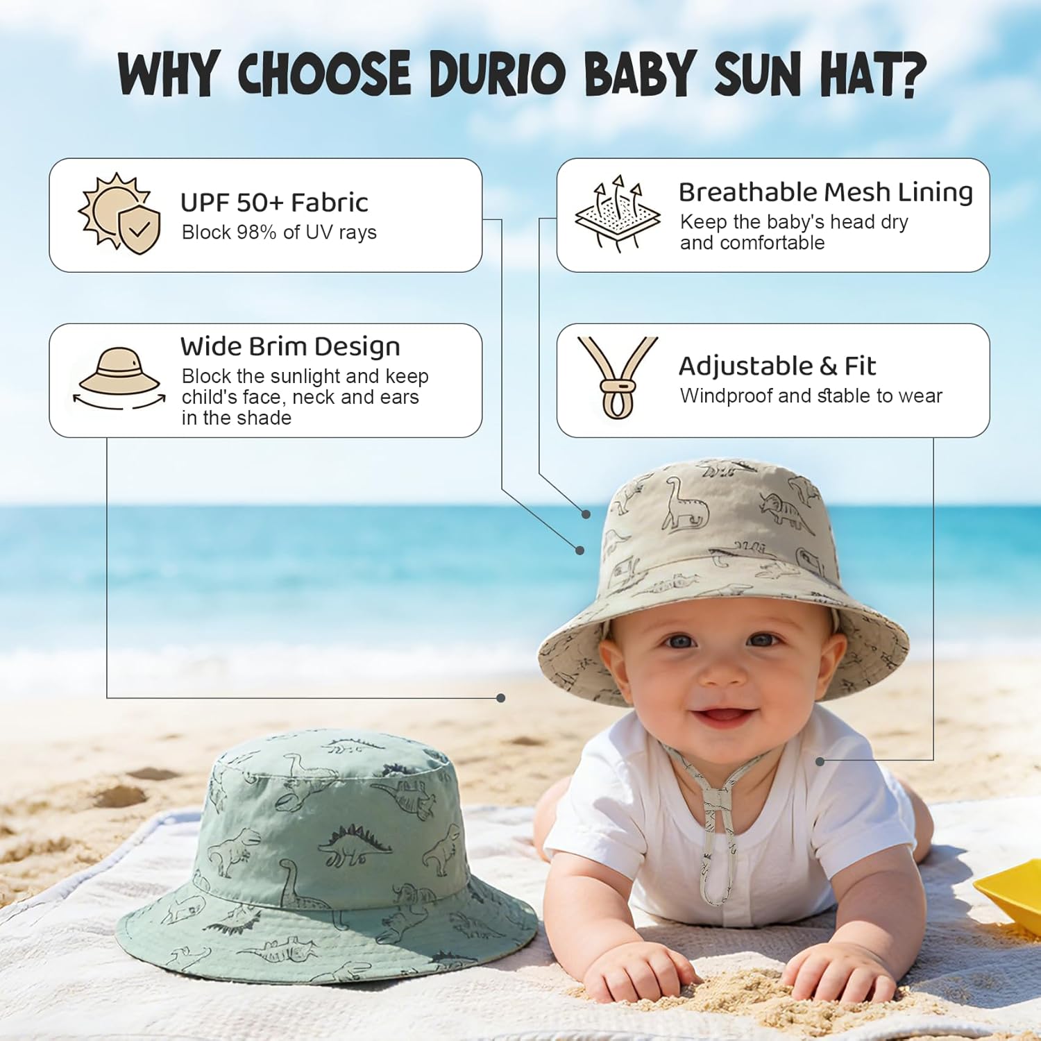 Durio 2-Pack Baby Bucket Hat - UPF 50+ Sun Protection Hat for Infant to Kid, Wide Brim Summer Beach Hats Newborn Toddler Boy - Image 4