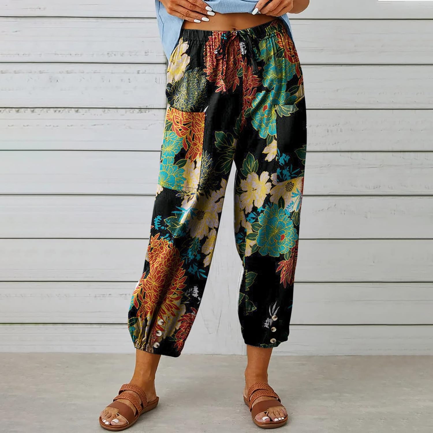 Women's Capri Pants High Waist Drawstring Cinch Bottom with Button Cotton Loose Casual Trouser with Pockets - Image 3