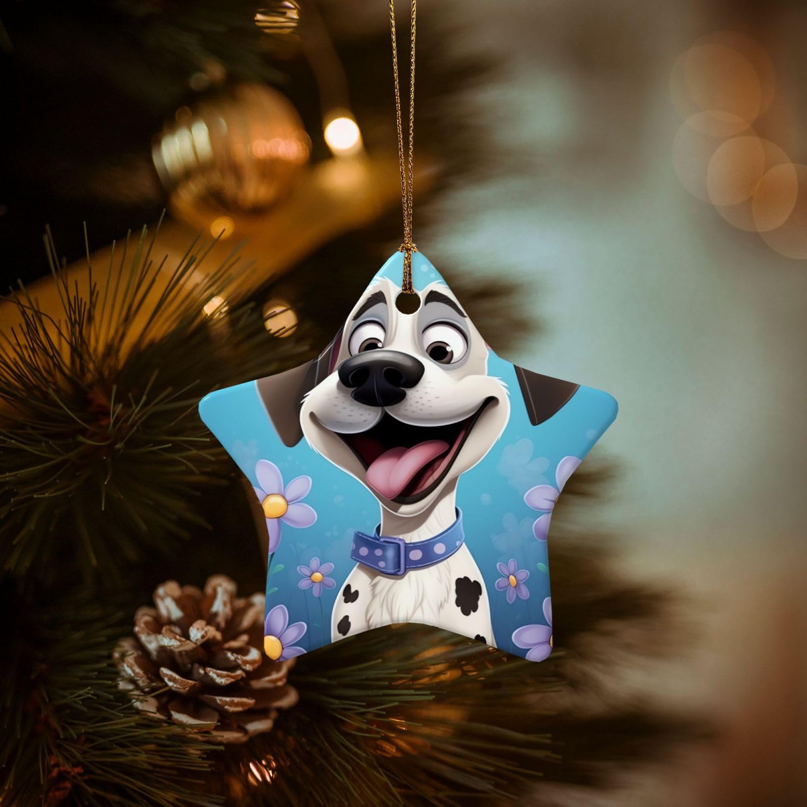 Christmas Tree Ornaments Ceramics Christmas Decorations Dog Ornaments with Gold Ribbon Porcelain Xmas Tree Crafts Star Shape Hanging Pendant for Christmas Tree Party Decor