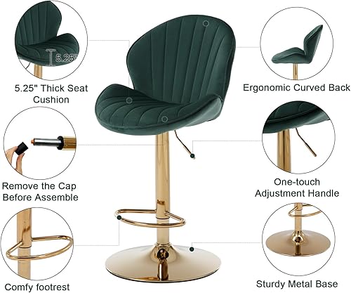 Miniatura 25 de Juego de 2 taburetes de bar giratorios modernos de terciopelo, de altura ajustable, sillas de bar con respaldo de concha, taburetes de isla de Cuero