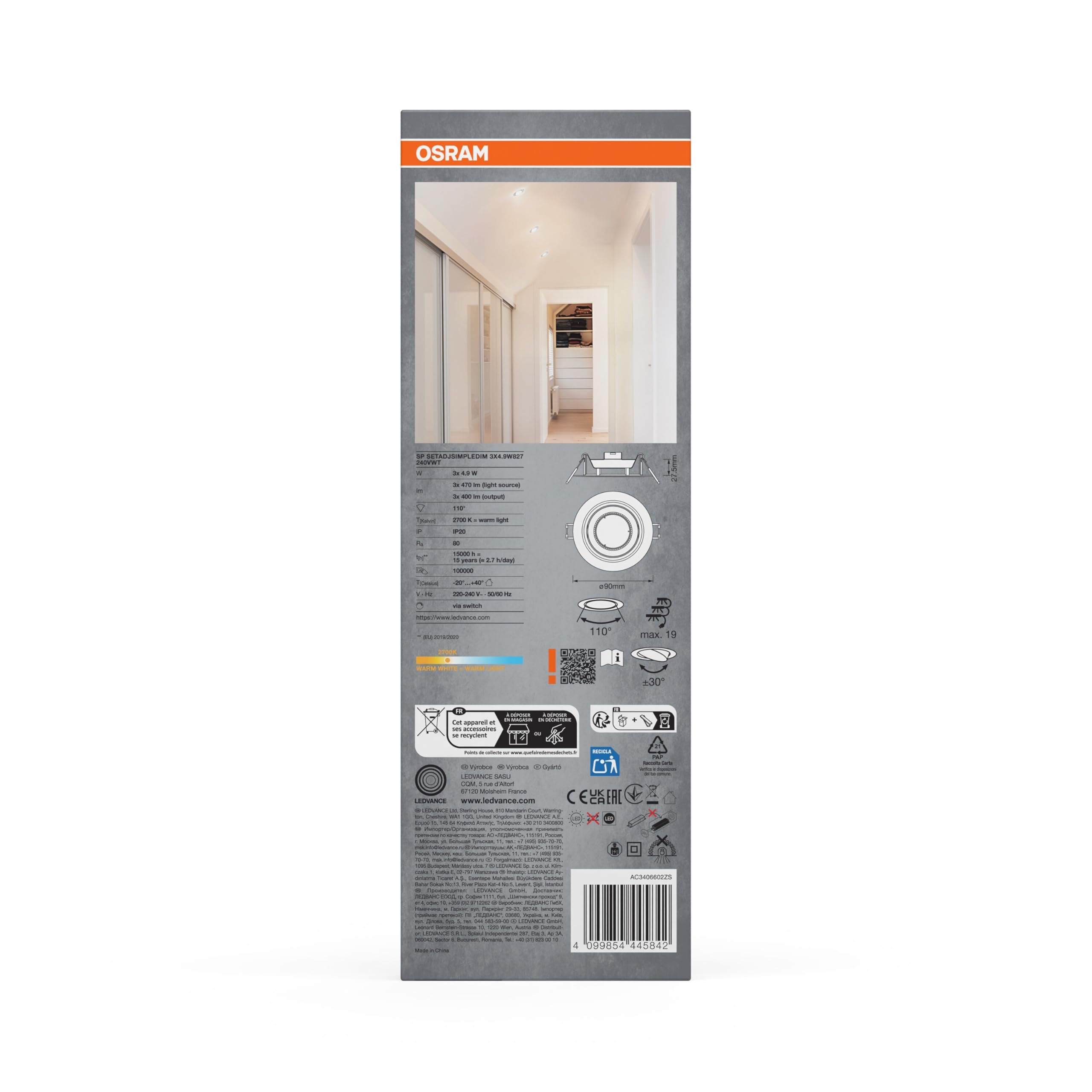 Osram set de spots encastrés gradables via interrupteur mural, blanc en aluminium, avec module LED et driver intégrés, protection IP20 pour l'intérieur comme plafonds suspendus