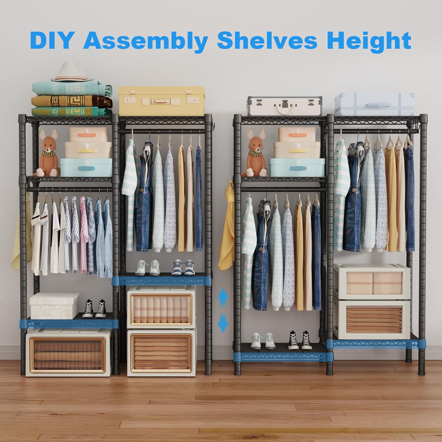 Ulif F1 Garment Rack for Kids, Baby, Students, and Children's Room, 4 Tiers Freestanding and Portable Heavy Duty Closets, Small Metal Clothes Rack with 2 Hanging Rod, 31.2" W x 11.8" D x 48" H, Black