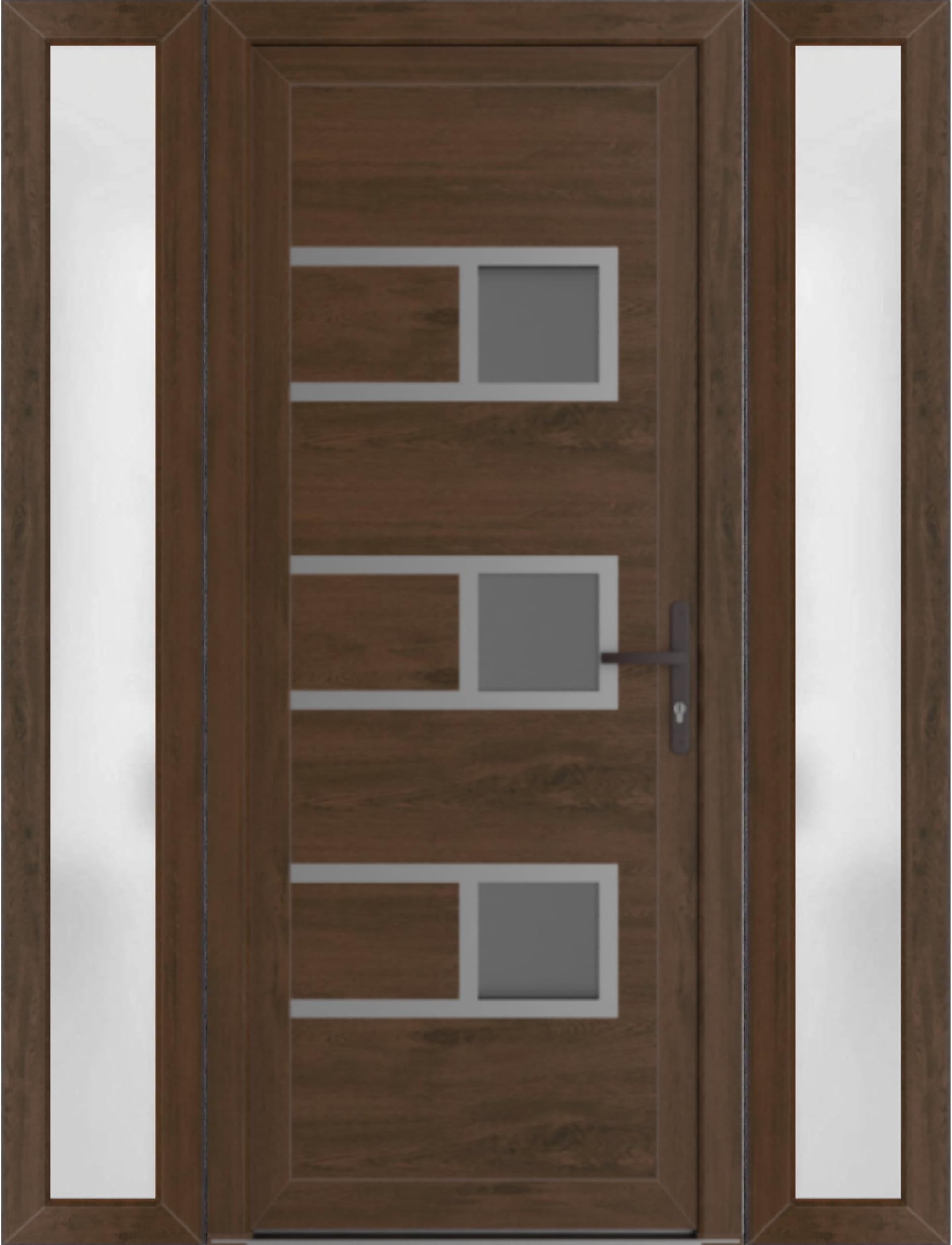 Front Exterior Prehung Metal-Plastic Door Frosted Glass | Manux 8933 Walnut | 2 Side Sidelite Transoms | Office Commercial and Residential Doors 62" x 80" (W16+30+16" x H80) Left Hand Inswing