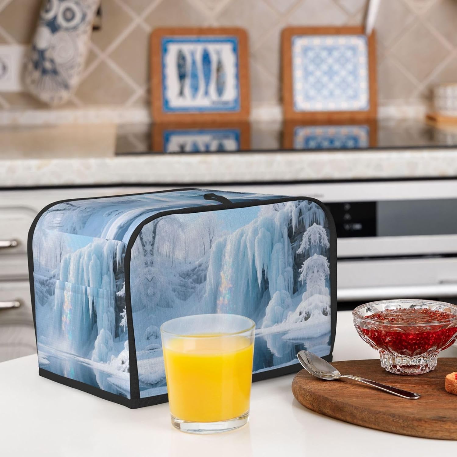 Waterfalls in winter Toaster Cover 2 Slice, Waterproof Bread Machine Covers with Pockets Universal Size Kitchen Small Appliance Cover with Handle, Dust and Fingerprint Protection