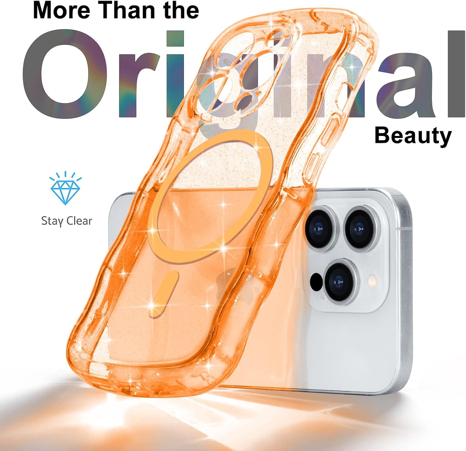 Magnetic for iPhone 14 Pro Max Case Clear, Sparkly Bling Glitter Cute Curly Wave Cover for Women Men Compatible with MagSafe TPU Shockproof Protective Phone Case for iPhone 14 Pro Max, Orange - Image 3