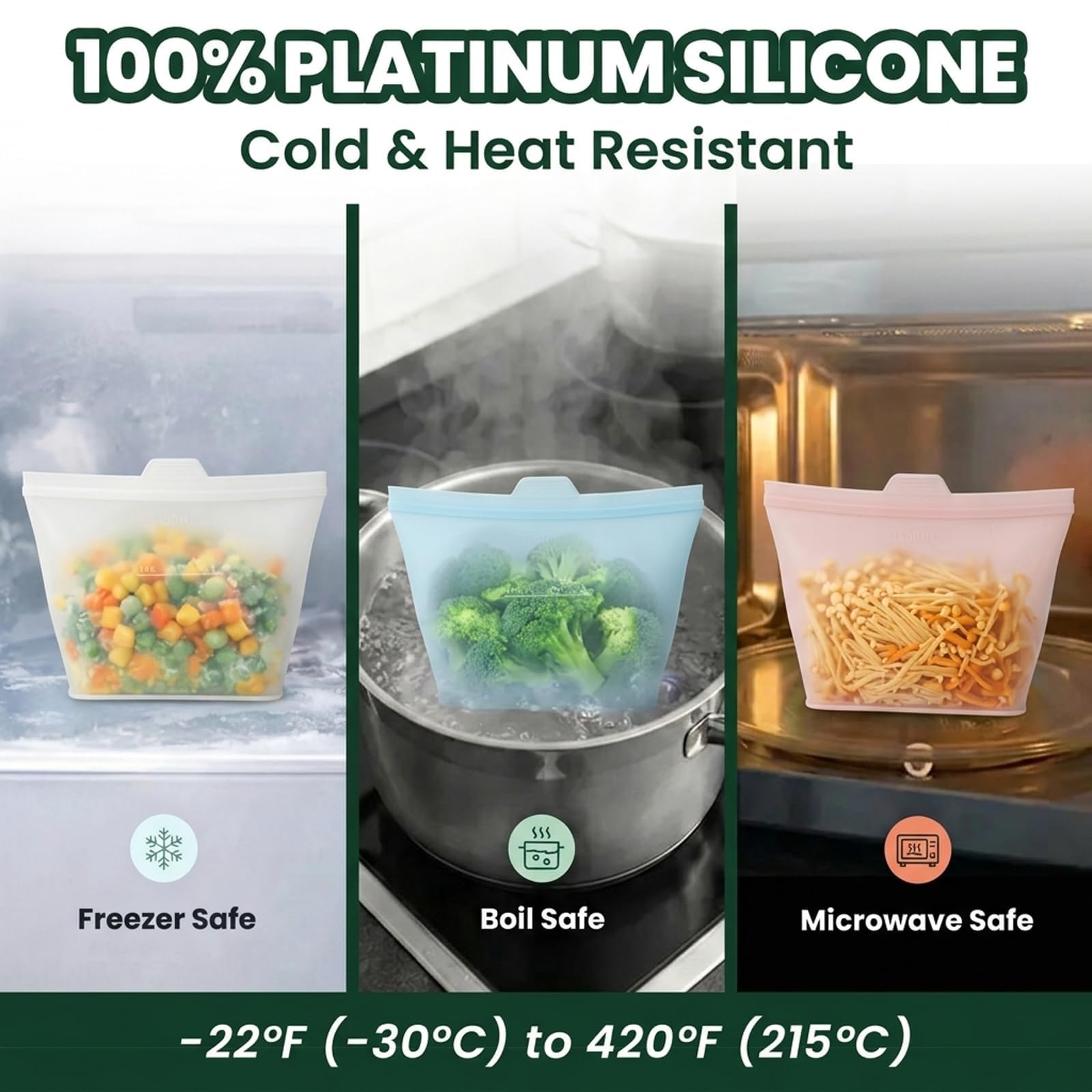 Sacchetti per alimenti in silicone, 3 pezzi, riutilizzabili, per microonde e congelatore, comodi da usare, design ecologico