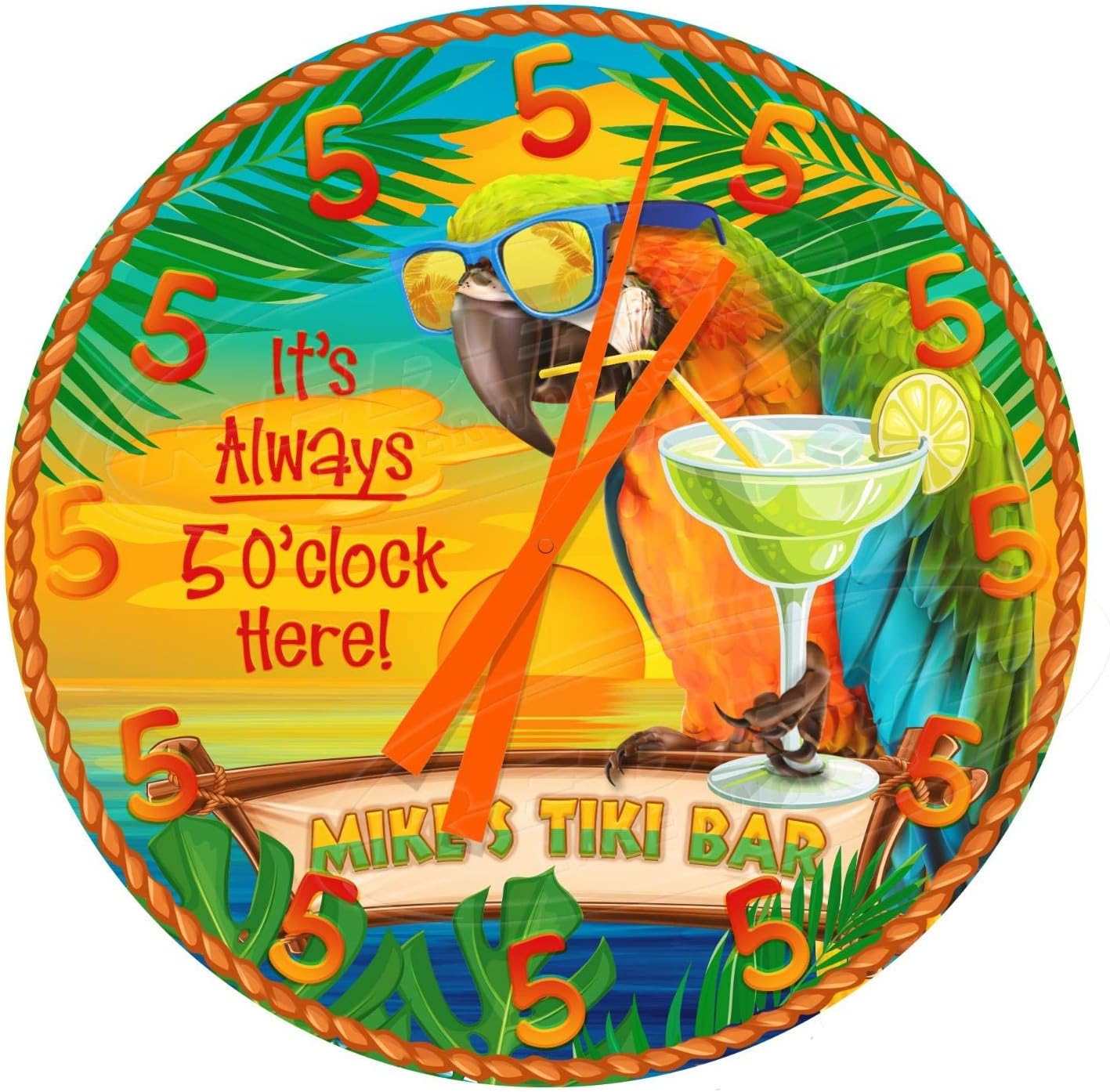 Tiki Margarita Bar 12" Diameter Aluminum Metal Round Wall Clock