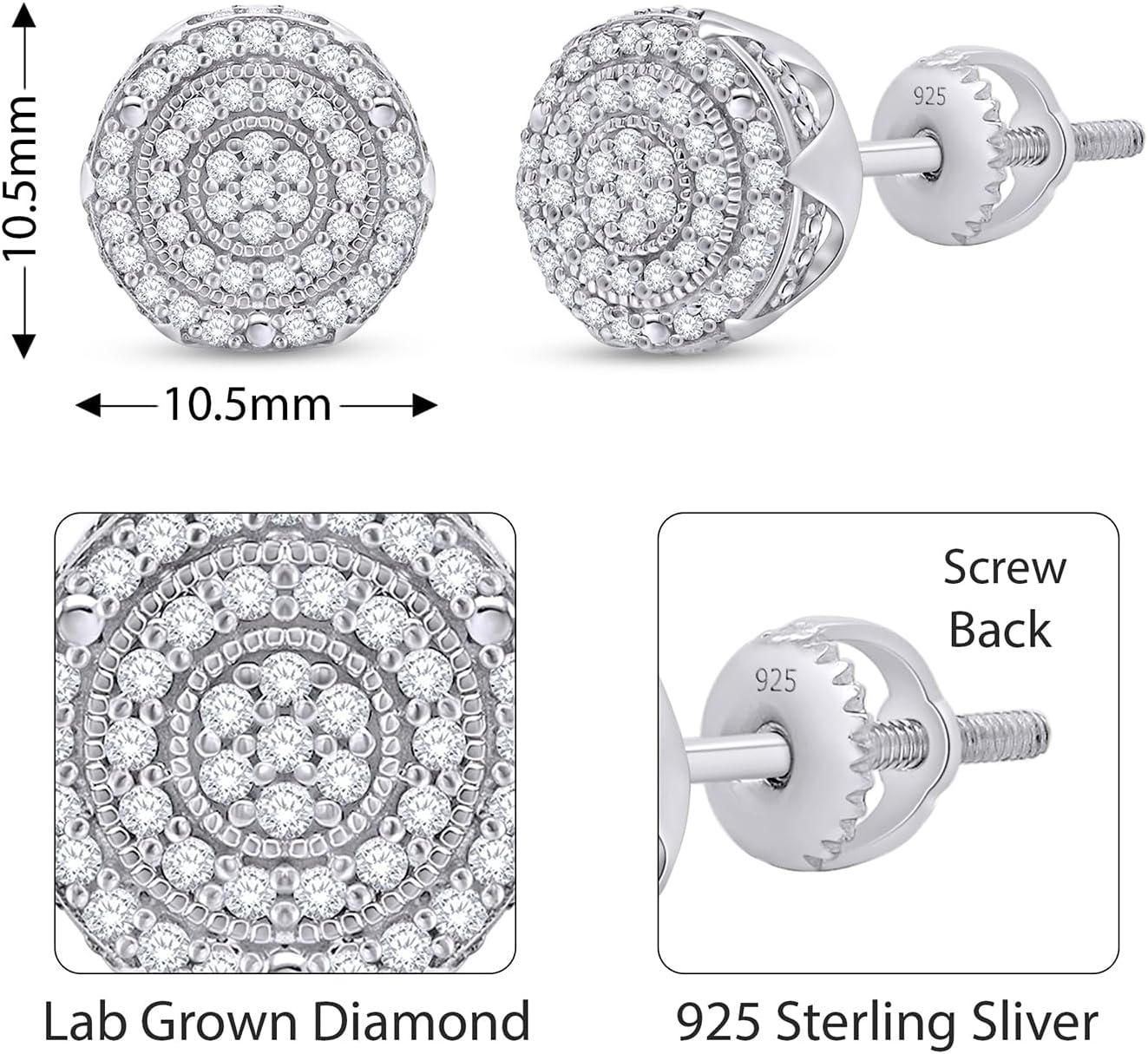 Cluster Halo Diamond Stud Earrings for Men 0.40 Cttw Natural or Lab Grown Diamond Ear Studs with Secure Screw Backs in 10K Solid Gold and 925 Sterling Silver Jewelry Gift for Him Aretes De Hombre - Image 3