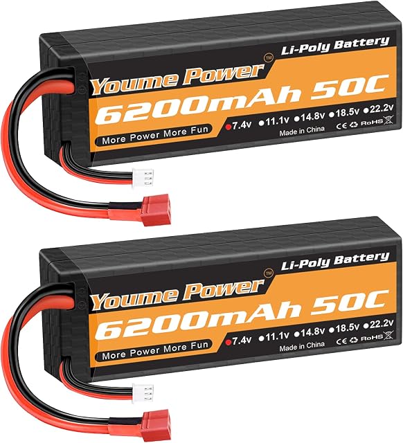 2S Lipo Battery 6200mAh 7.4V RC Lipo Batteries 50C Hard case with Deans T Plug Compatible with Axial Team Associated 1/81/10 RC Vehicles Car Truck Buggy Truggy Airplane Drone (2 Packs)
