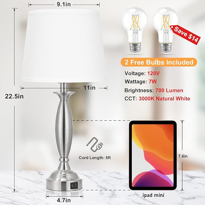 Lámpara de Mesa Táctil LED con USB, 2 Unidades, 22.5 pulgadas, Blanca miniatura 4
