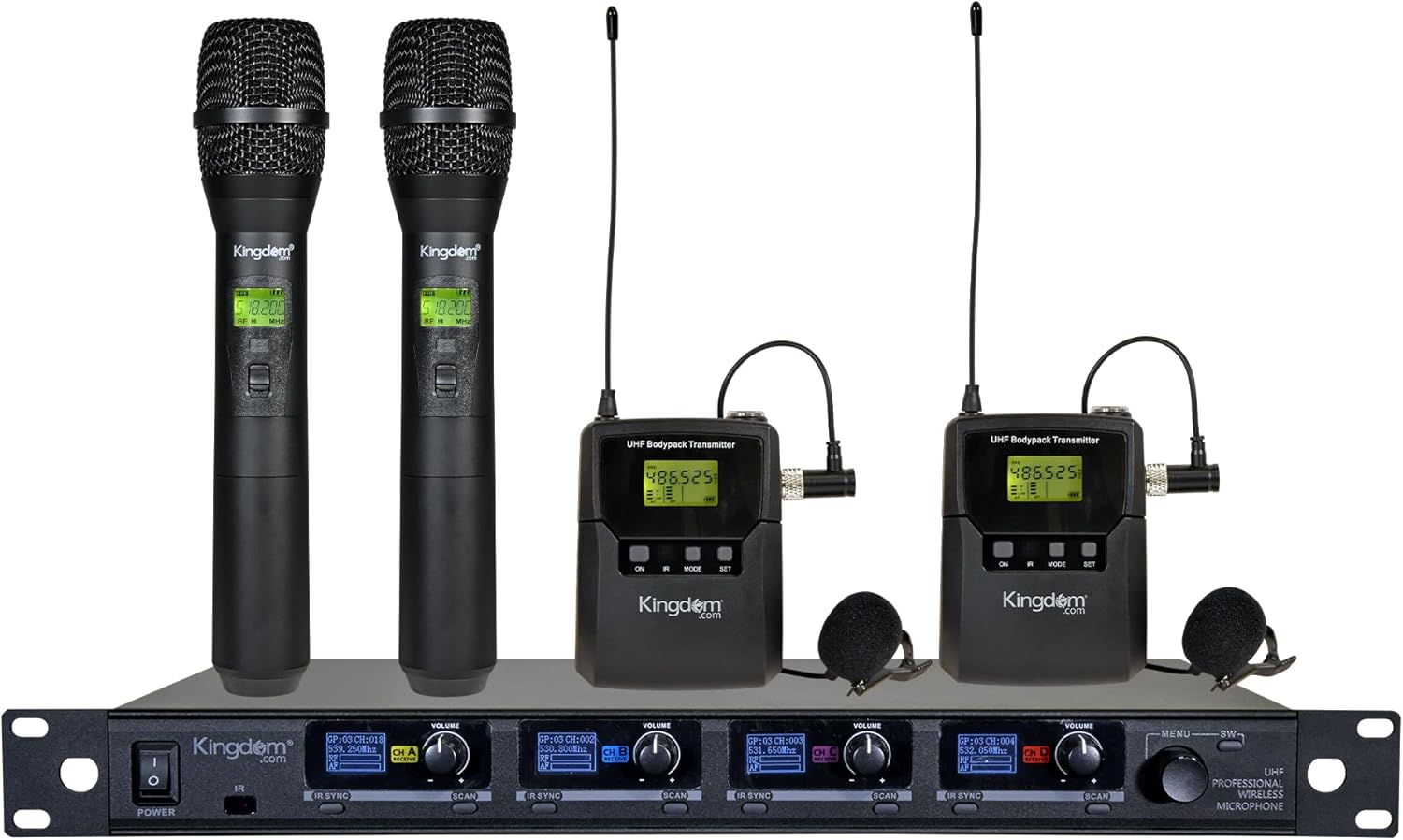 Kingdom Professional Wireless Mic System – 1000 Channel UHF Microphone System Speech with 2 Handheld, 2 Bodypack & Lapels for Speech, Singing, Church, Presentations, Karaoke, DJ, Party, and Classrooms