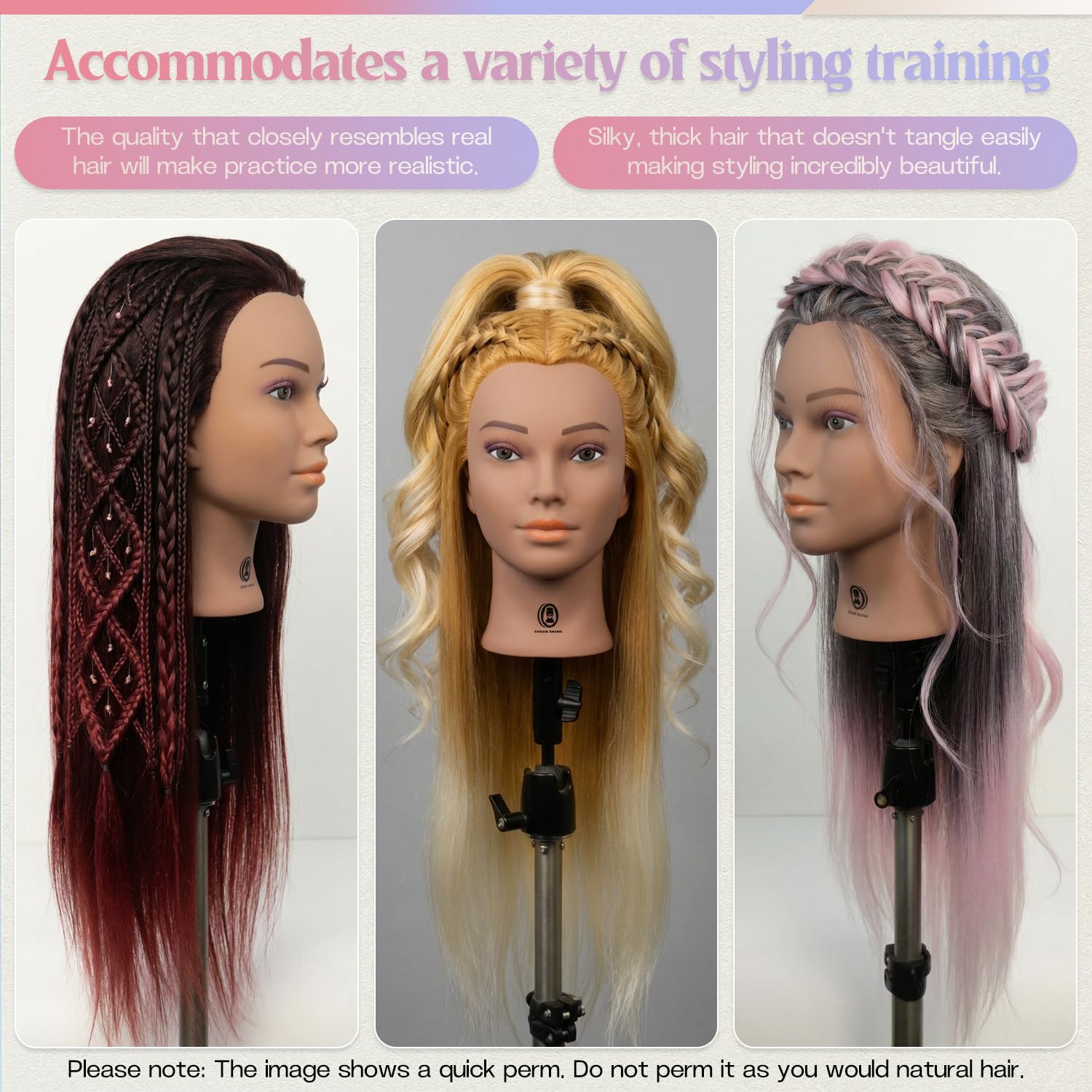 Mannequin Head 24-25inch, Synthetic Fiber Hair Mannequin Head, Beauty and Hairdressing Model Practice Head, with clip-on Stand Set(Gold)