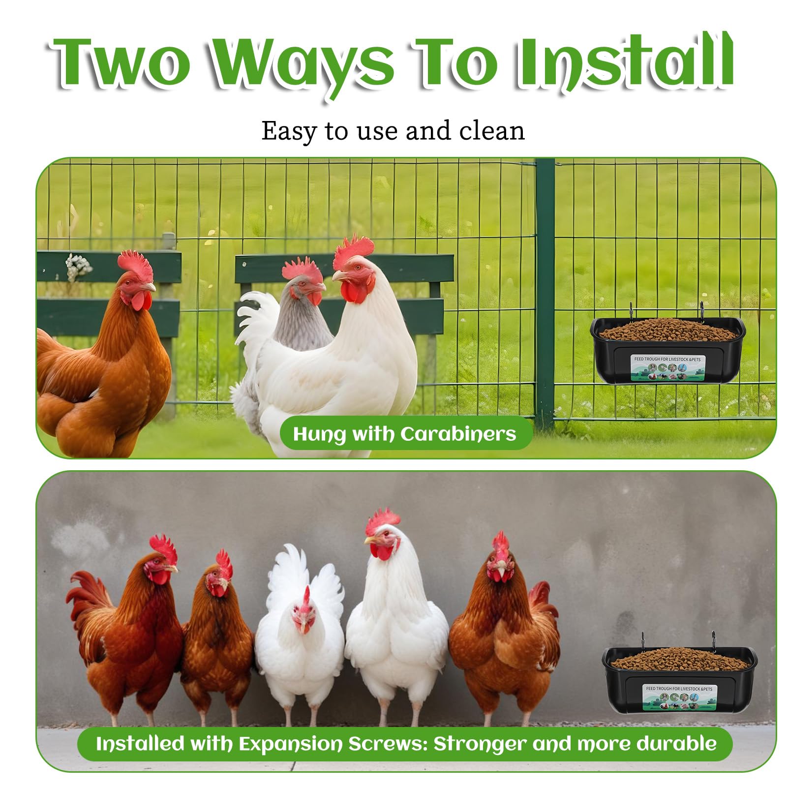 Confezione da 4 mangiatoie per polli da appendere, in plastica, con clip in metallo, contenitore per abbeveratoio per pollo, per capra, anatra, cavallo, maiale, maiale, pollame