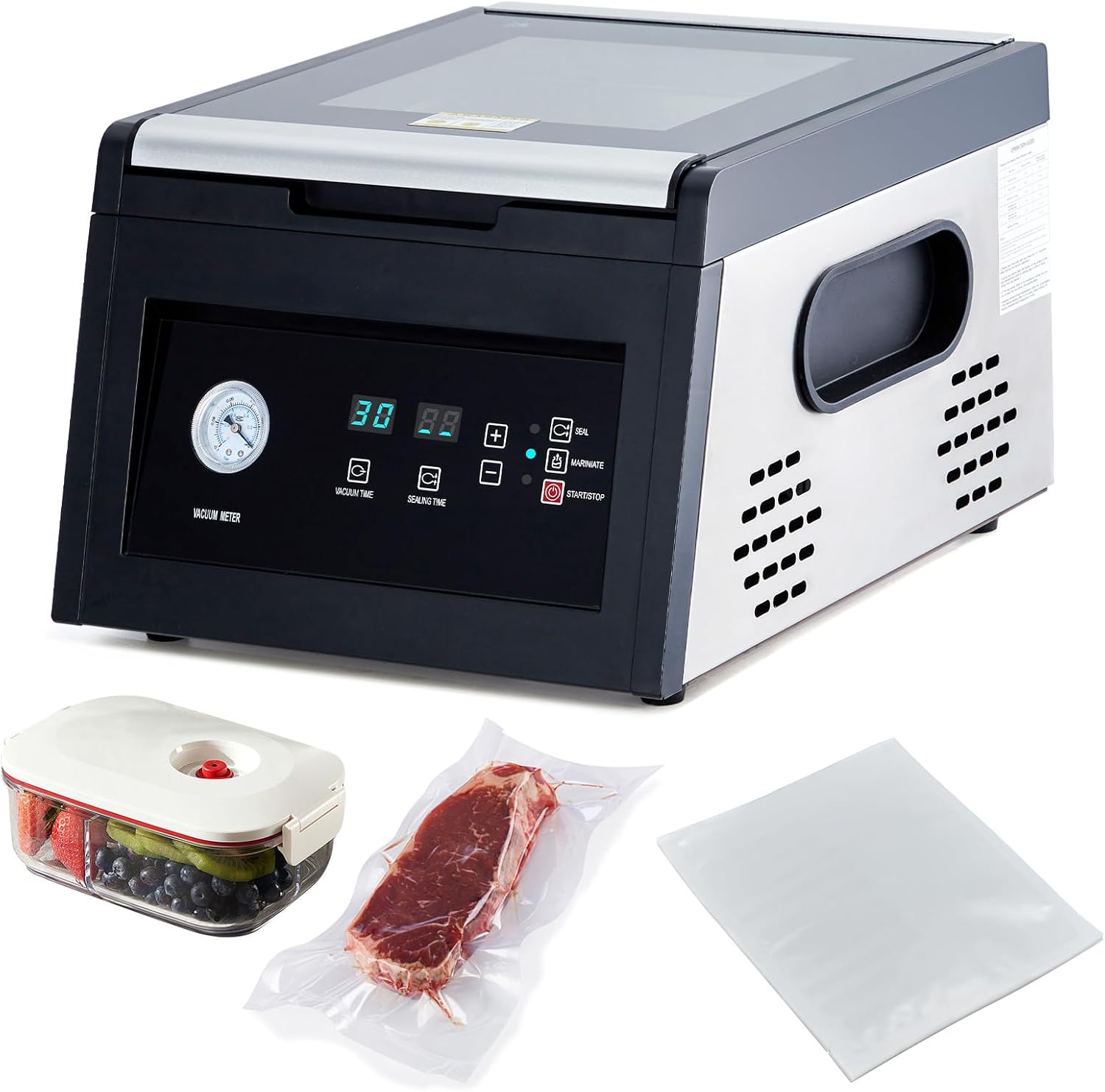 Commercial Chamber Vacuum Sealer with Marinade Function & 11.5" Sealing Length, Food Preservation System for Meat, Fish, Vegetables - Ideal for Meal Prep, Includes 30 Sealing Bags