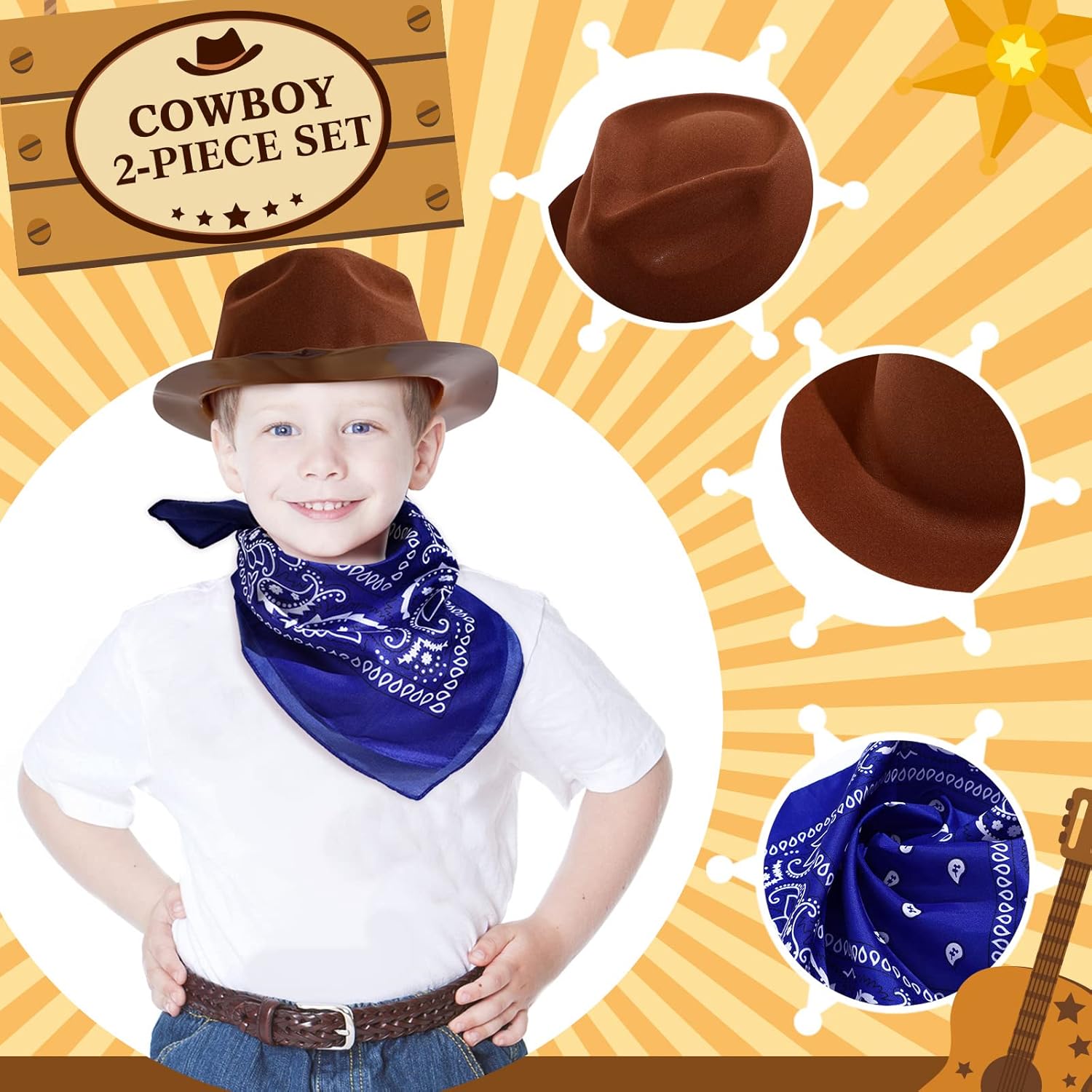 48 Pack Cowboy Hat and Bandana Set, Include 24 Cowboy Hats
