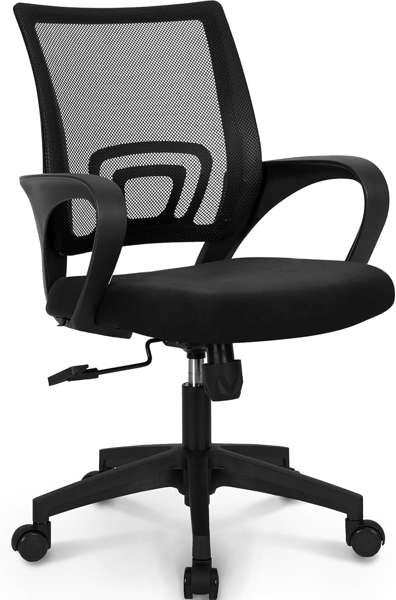 NEO CHAIR Silla de oficina para computadora Silla de escritorio ergonómica de malla con respaldo medio, negra | Respaldo de malla transpirable con soporte lumbar, ajuste de altura, ruedas giratorias suaves para oficina en casa, estudio o configuración de juegos