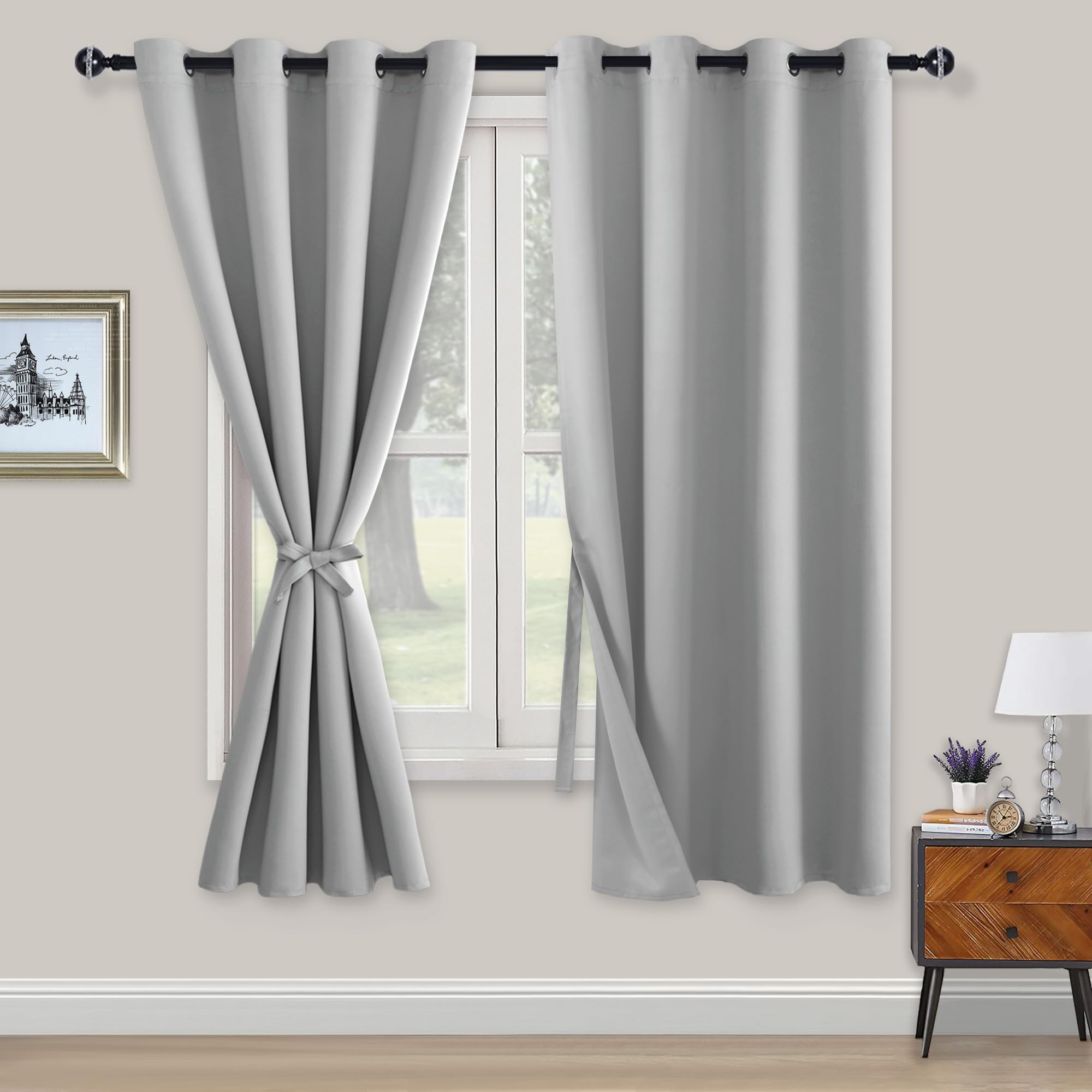 XWZO Blickdichte Vorhänge Verdunklungsvorhänge mit Ösen 2 Stücke Gardienen mit Raffhalter Lichtundurchlässige Vorhänge für Schlafzimmer,WonhzimmerBüro, 160x132 cm, Silber Grau